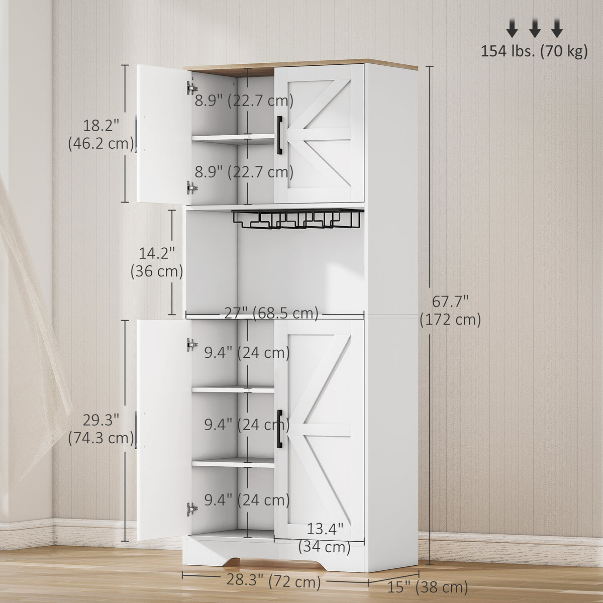 Freestanding Hutch Storage Cabinet with Microwave Oven Countertop – 28"W x 68"H