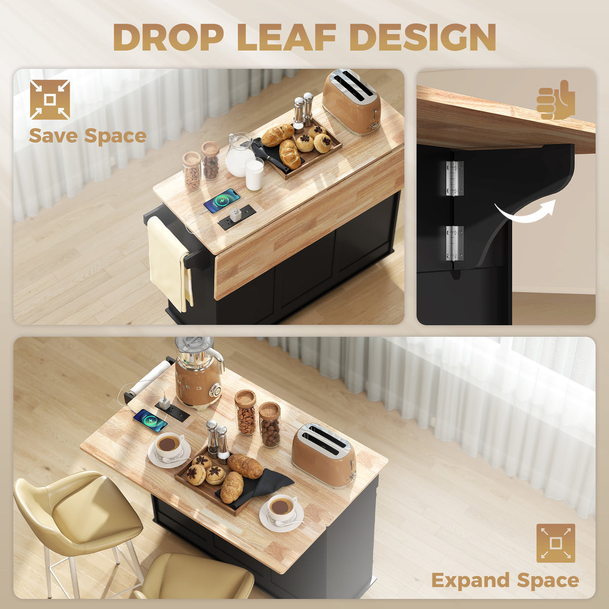Kitchen Island on Wheels with Wood Drop Leaf – 47"W x 37"H