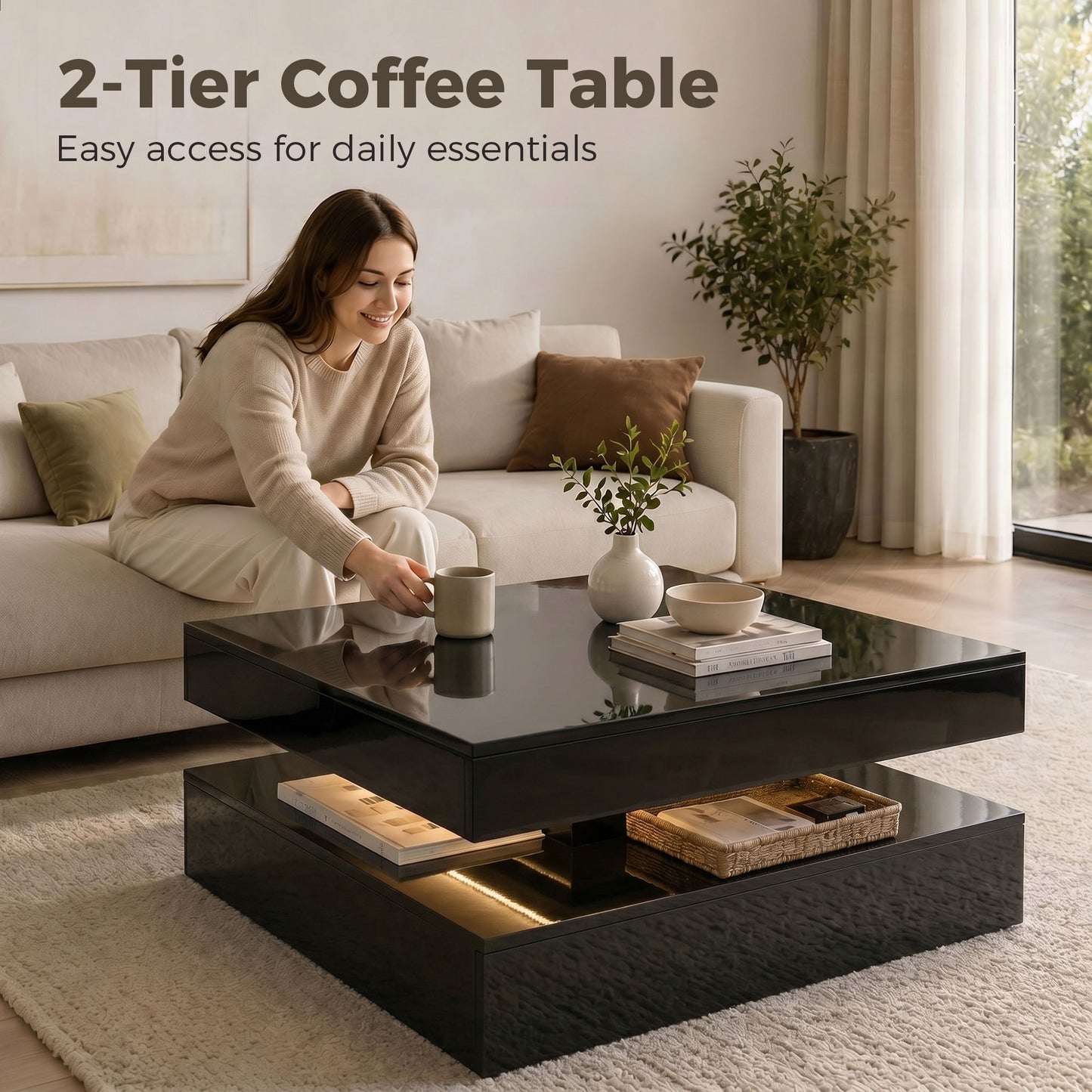 HOMCOM LED Coffee Table with Storage 2-Tier High Gloss Black