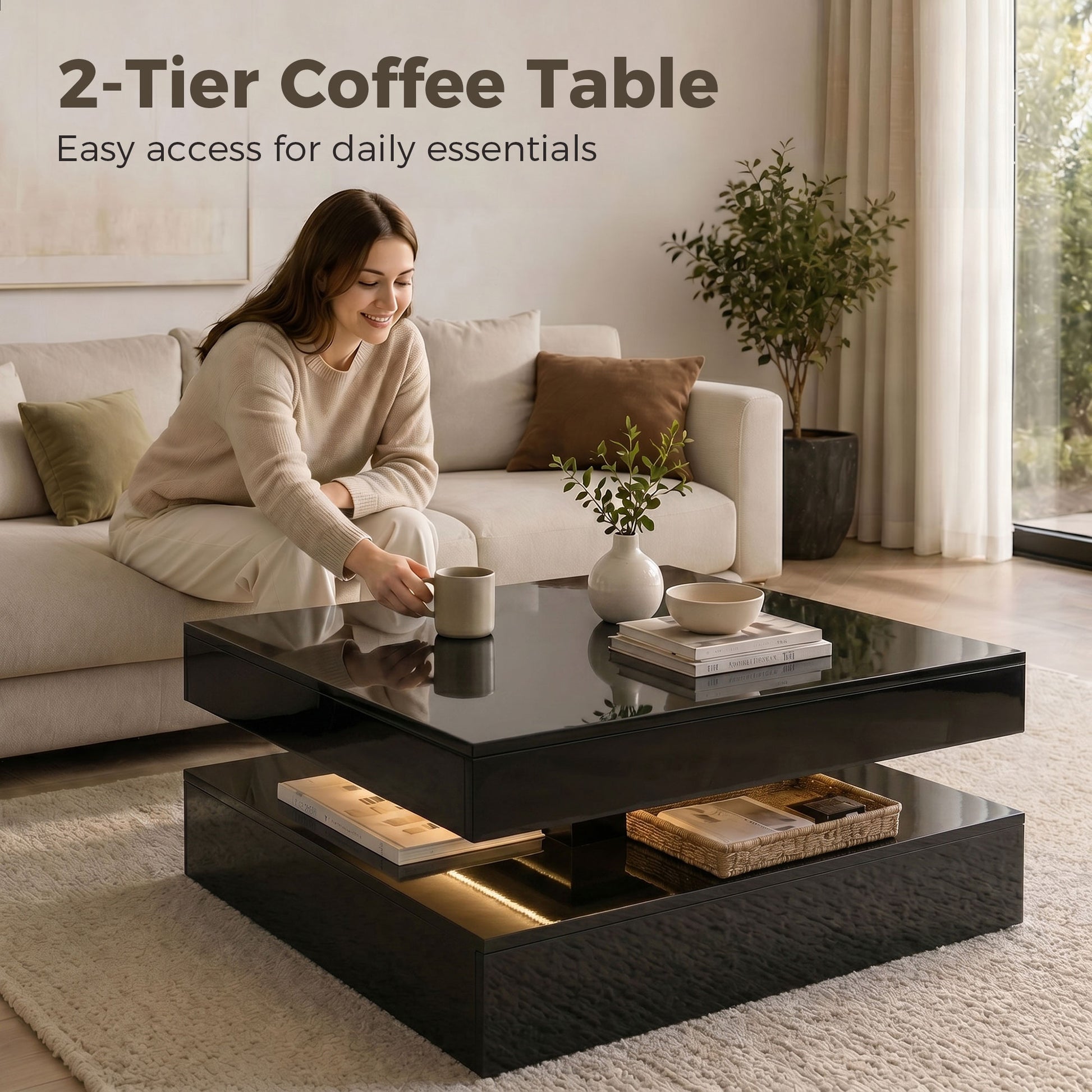 HOMCOM LED Coffee Table with Storage 2-Tier High Gloss Black