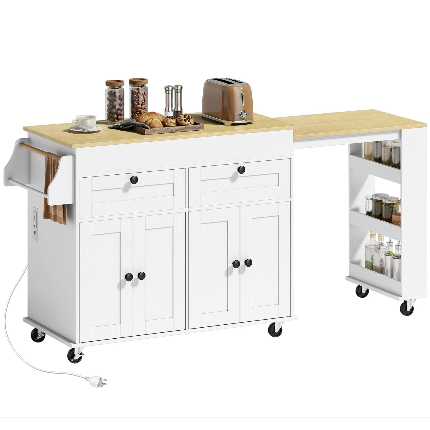 HOMCOM Kitchen Island with Expandable Sliding Top, Rolling Cart White