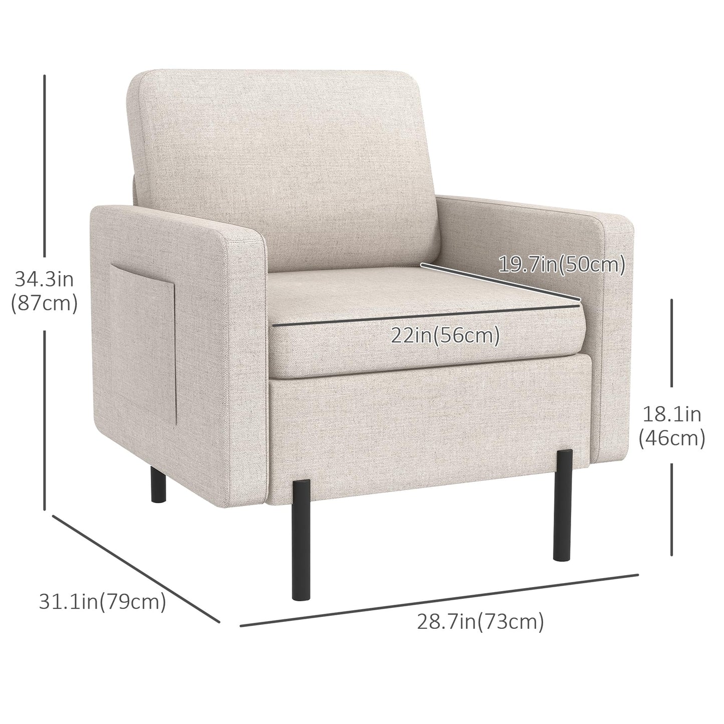 Fabric Accent Chair, Armchair, Modern Living Room Chair with Metal Legs, 2 Side Pockets, Thick Padding for Bedroom, Cream White