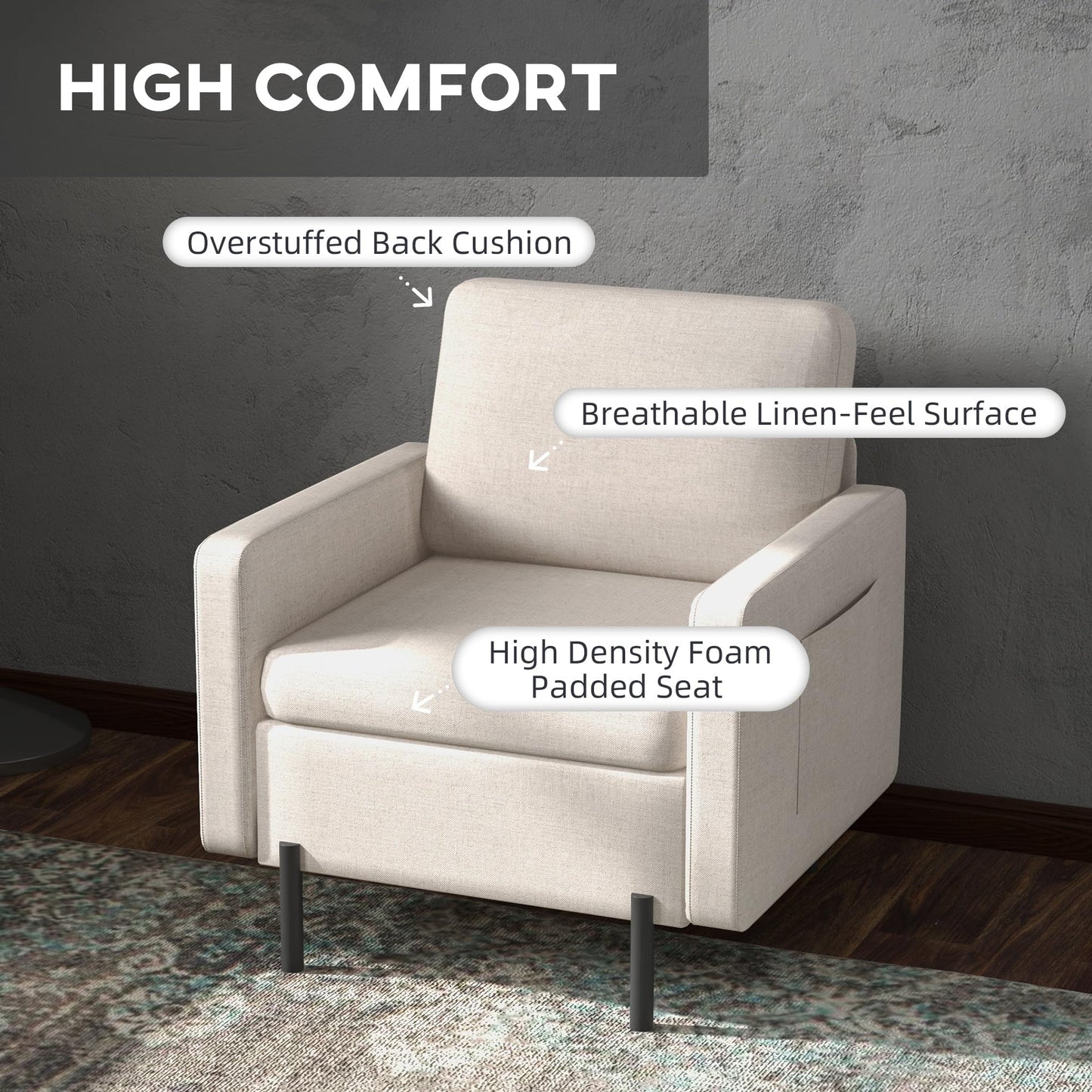 Fabric Accent Chair, Armchair, Modern Living Room Chair with Metal Legs, 2 Side Pockets, Thick Padding for Bedroom, Cream White