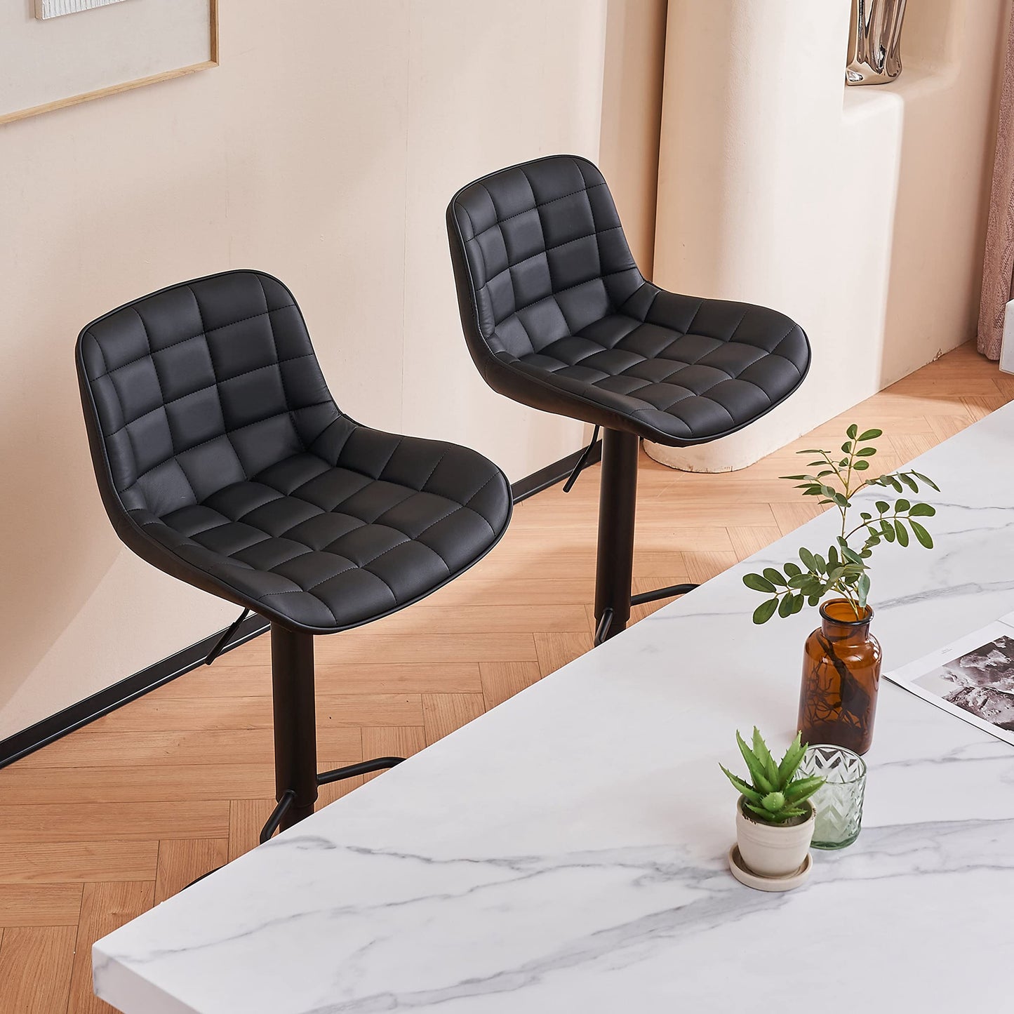 Grey Bar Stools Set of 2 Counter Height Bar Stool Faux Leather Upholstered Metal Barstools Modern Adjustable Swivel High Back Bar Chairs Home Kitchen Dining Island