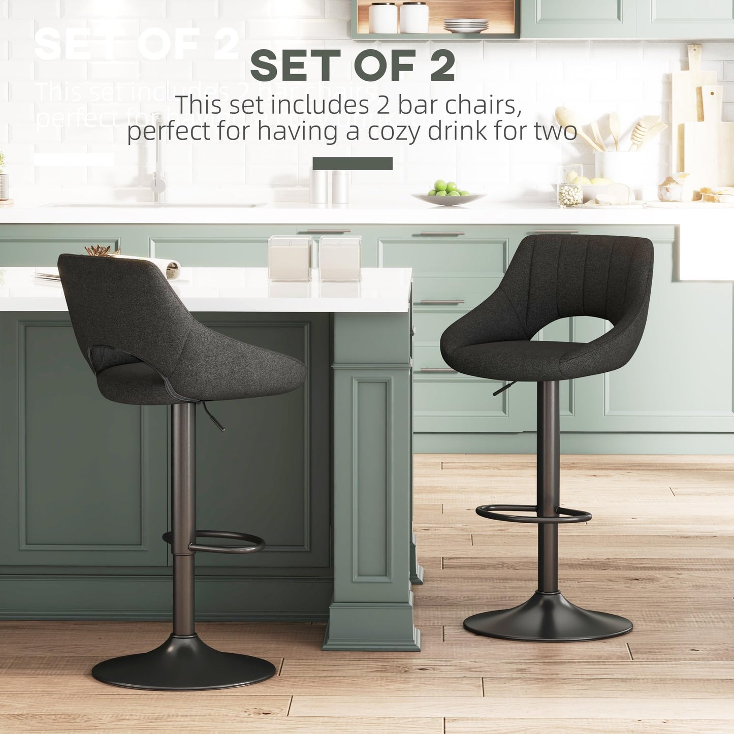 Bar Stools Set of 2, Swivel Counter Height Barstools with Adjustable Height, Faux Leather Upholstered Bar Chairs with Round Metal Base and Footrest, Grey