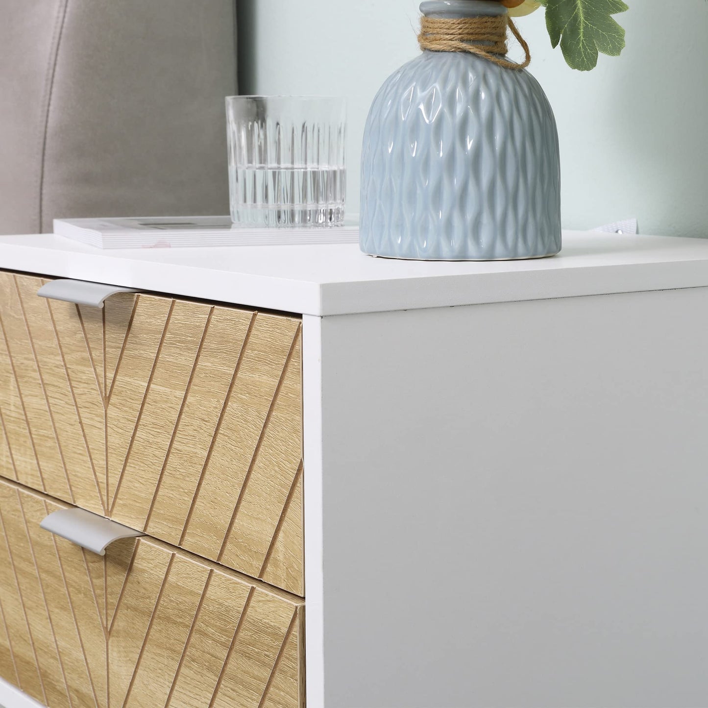 Modern Bedside Table with 2 Drawers, Nightstand with Metal Base, Sofa End Table for Bedroom, White