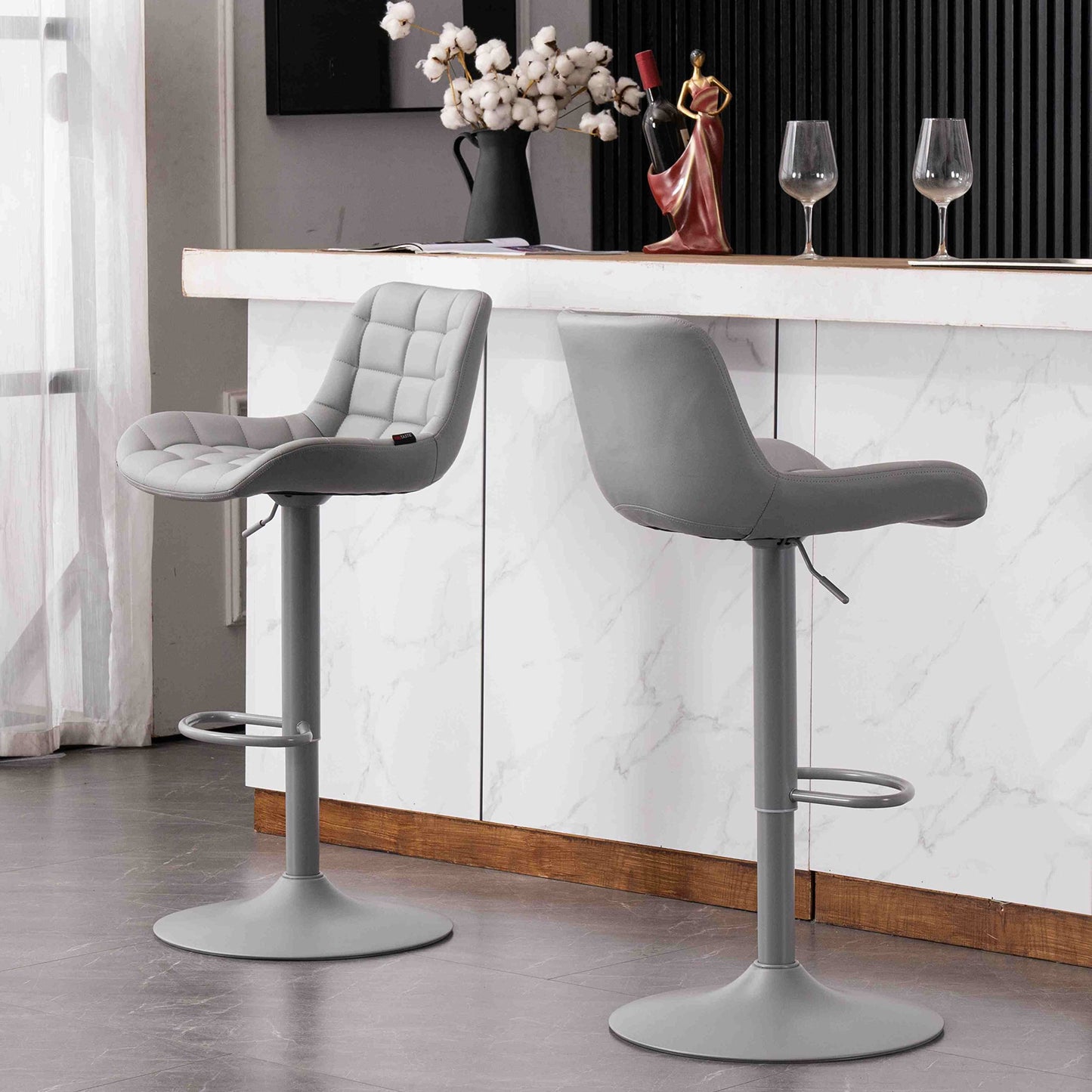 Grey Bar Stools Set of 2 Counter Height Bar Stool Faux Leather Upholstered Metal Barstools Modern Adjustable Swivel High Back Bar Chairs Home Kitchen Dining Island