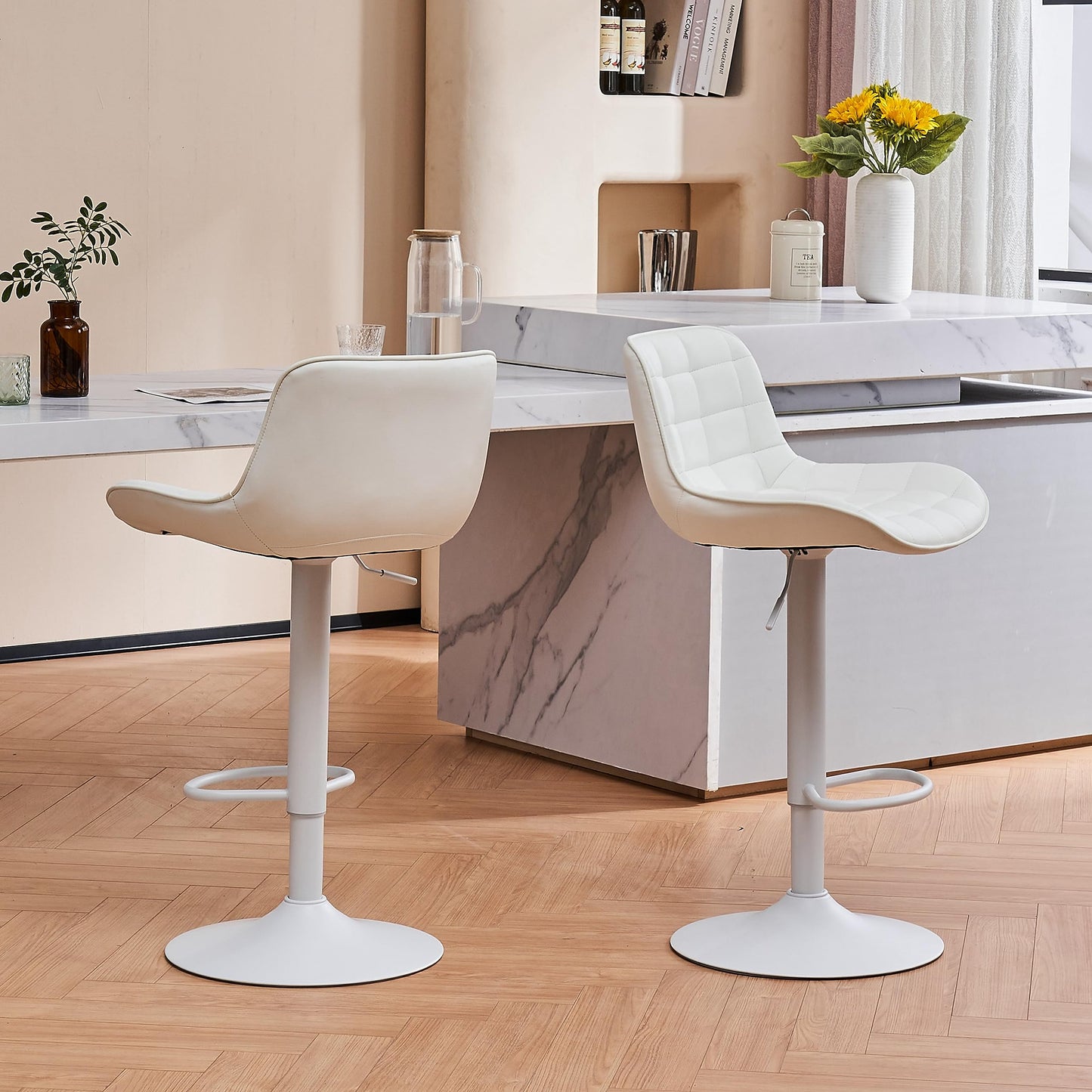 Grey Bar Stools Set of 2 Counter Height Bar Stool Faux Leather Upholstered Metal Barstools Modern Adjustable Swivel High Back Bar Chairs Home Kitchen Dining Island