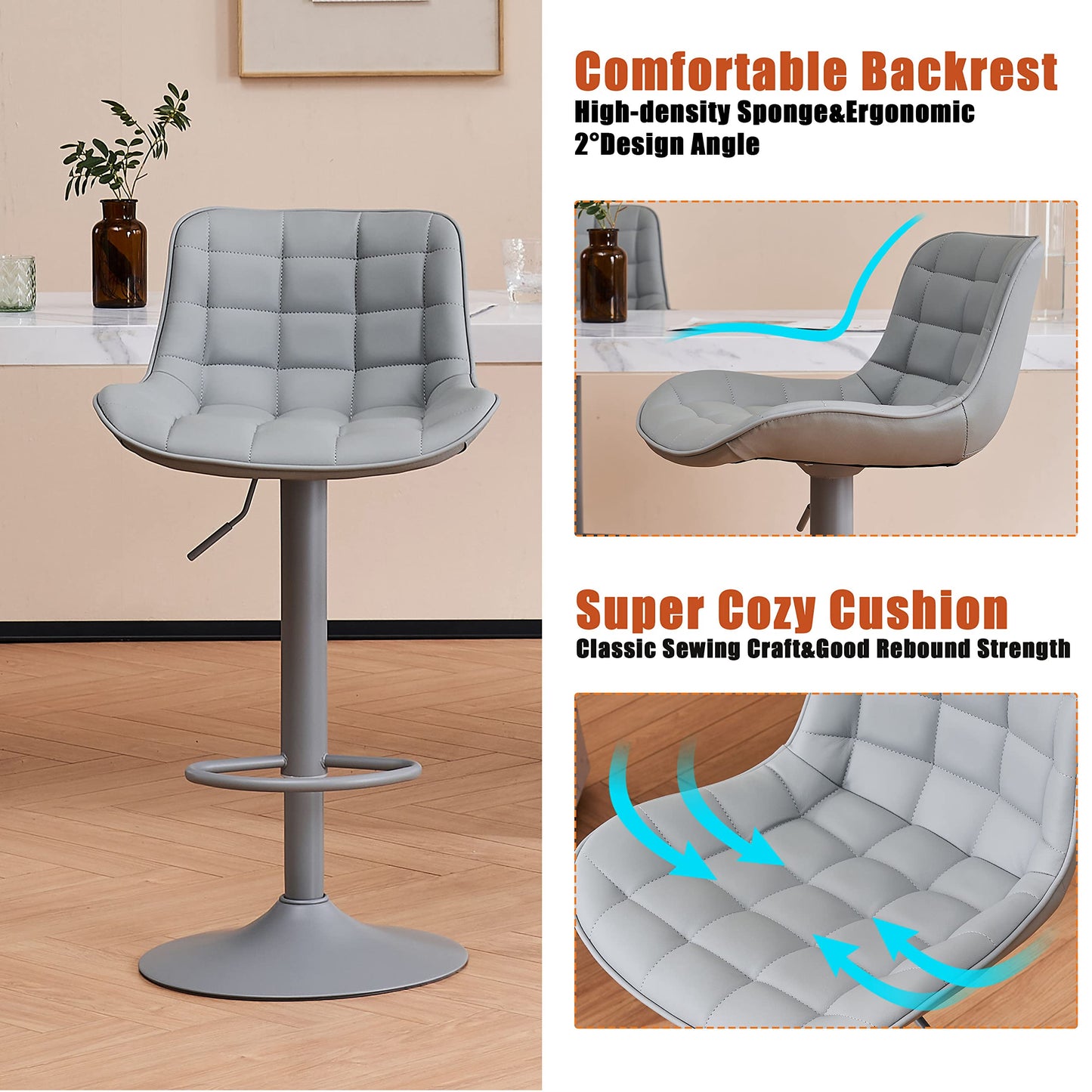 Grey Bar Stools Set of 2 Counter Height Bar Stool Faux Leather Upholstered Metal Barstools Modern Adjustable Swivel High Back Bar Chairs Home Kitchen Dining Island