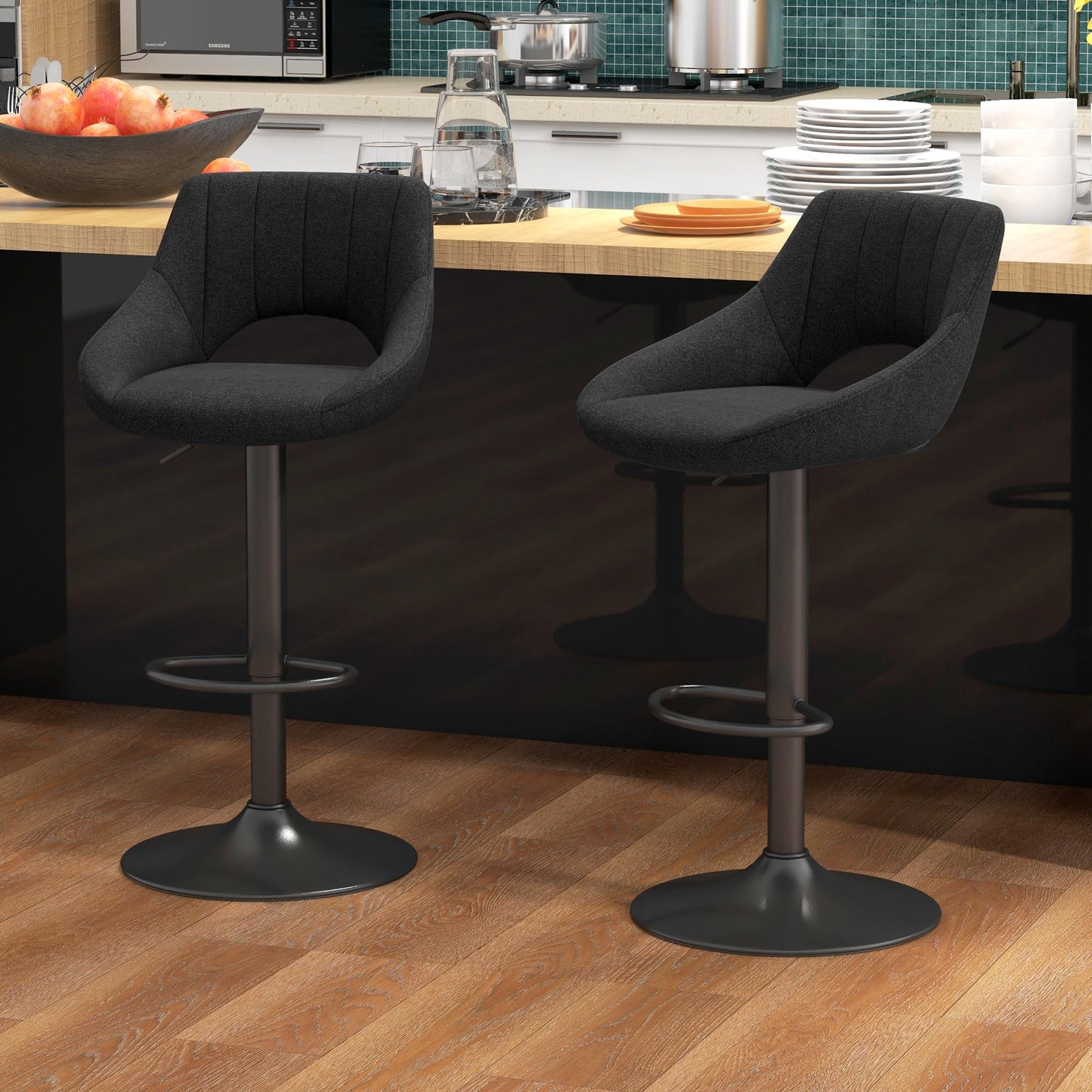 Bar Stools Set of 2, Swivel Counter Height Barstools with Adjustable Height, Faux Leather Upholstered Bar Chairs with Round Metal Base and Footrest, Grey