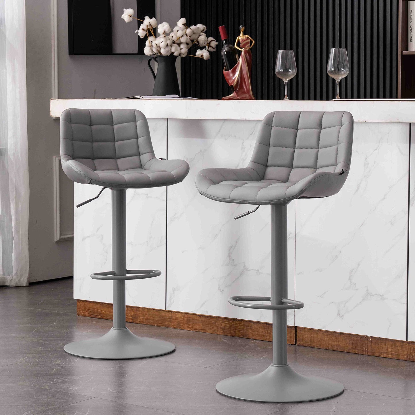 Grey Bar Stools Set of 2 Counter Height Bar Stool Faux Leather Upholstered Metal Barstools Modern Adjustable Swivel High Back Bar Chairs Home Kitchen Dining Island