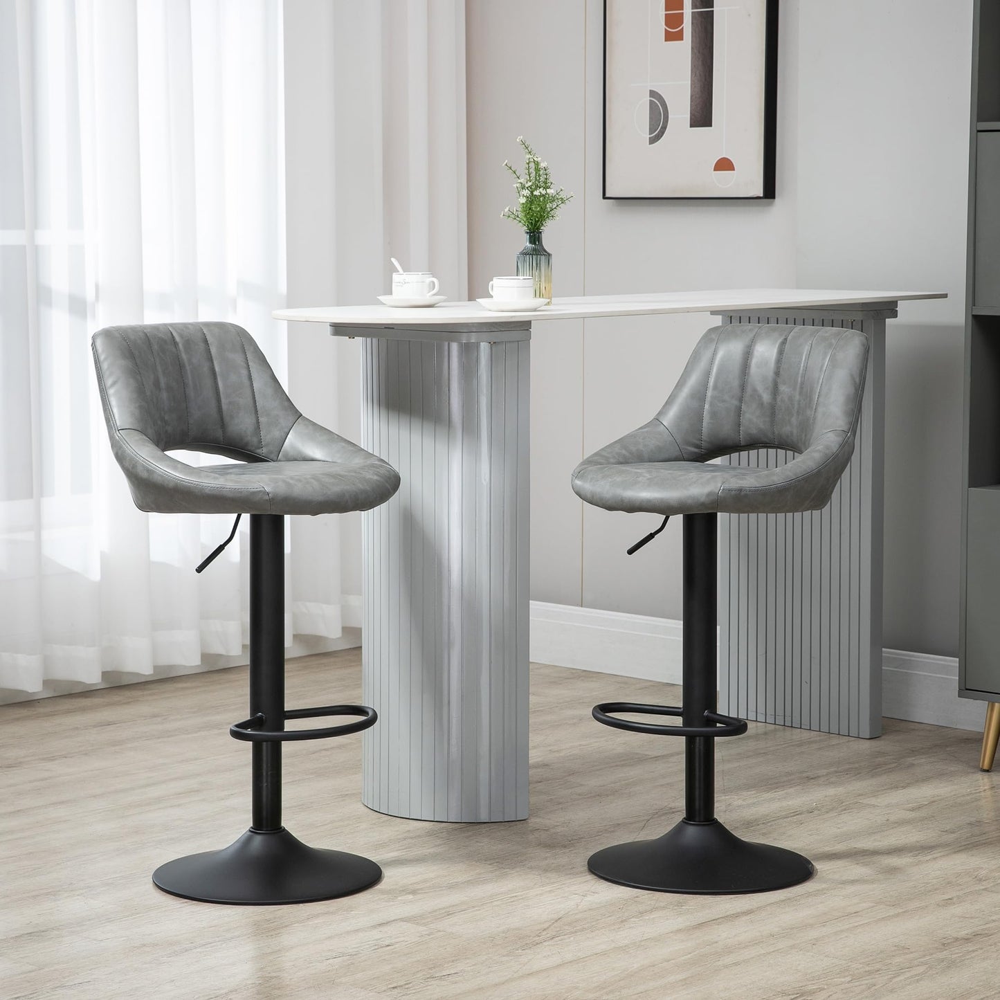 Bar Stools Set of 2, Swivel Counter Height Barstools with Adjustable Height, Faux Leather Upholstered Bar Chairs with Round Metal Base and Footrest, Grey