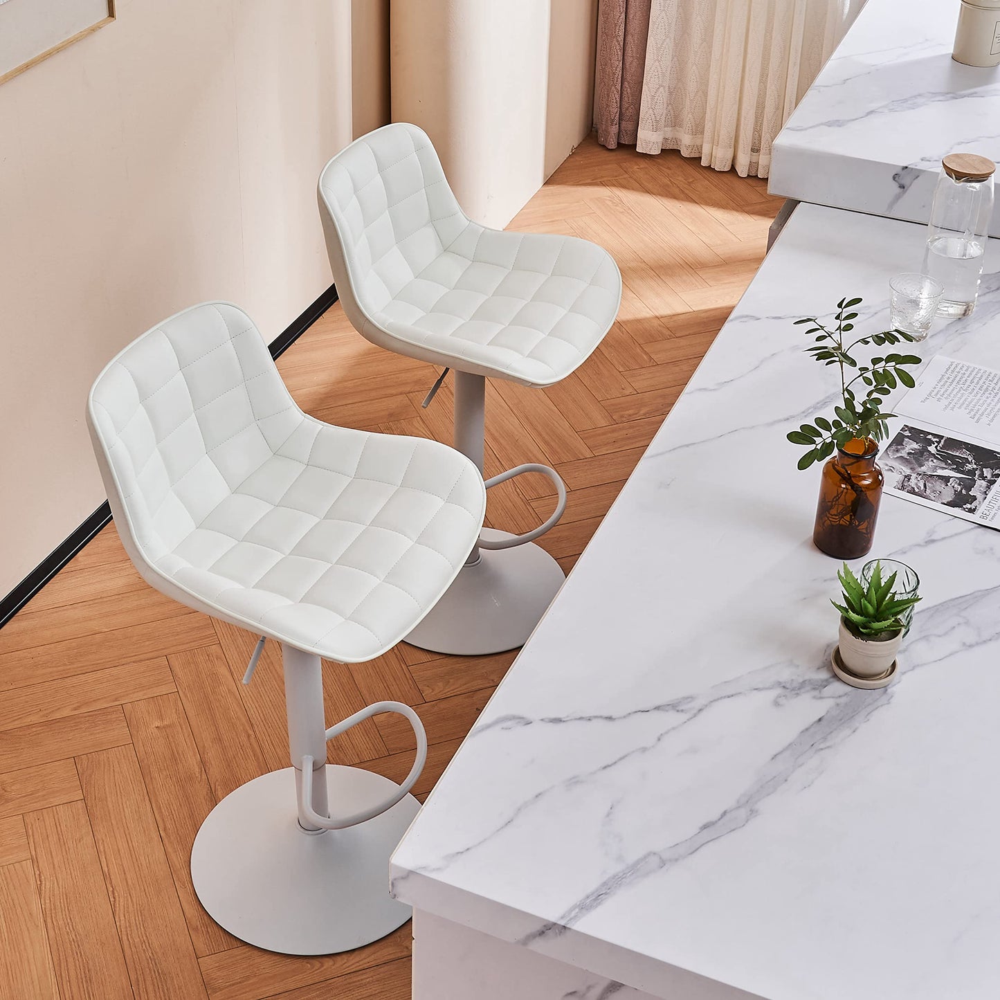 Grey Bar Stools Set of 2 Counter Height Bar Stool Faux Leather Upholstered Metal Barstools Modern Adjustable Swivel High Back Bar Chairs Home Kitchen Dining Island