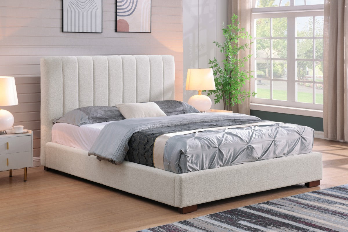 Channel-Tufted Solid Wood Bed Frame – Beige