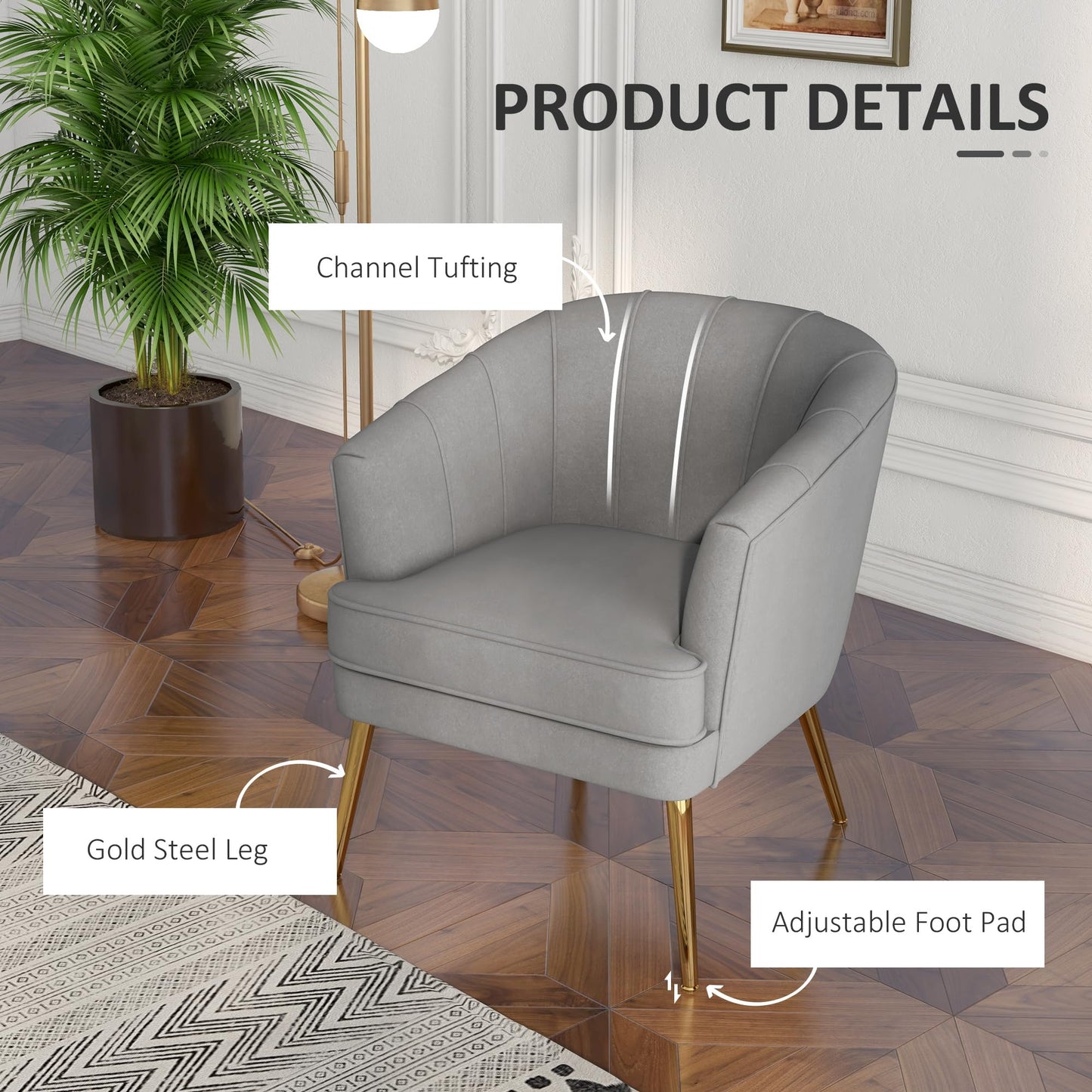 Fabric Accent Chair, Velvet Armchair, Modern Living Room Chair with Gold Metal Legs and Thick Padding for Bedroom, Grey