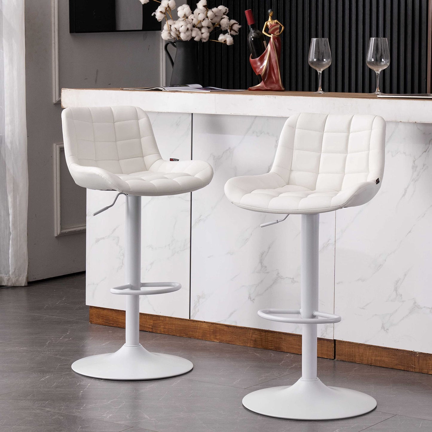 Grey Bar Stools Set of 2 Counter Height Bar Stool Faux Leather Upholstered Metal Barstools Modern Adjustable Swivel High Back Bar Chairs Home Kitchen Dining Island