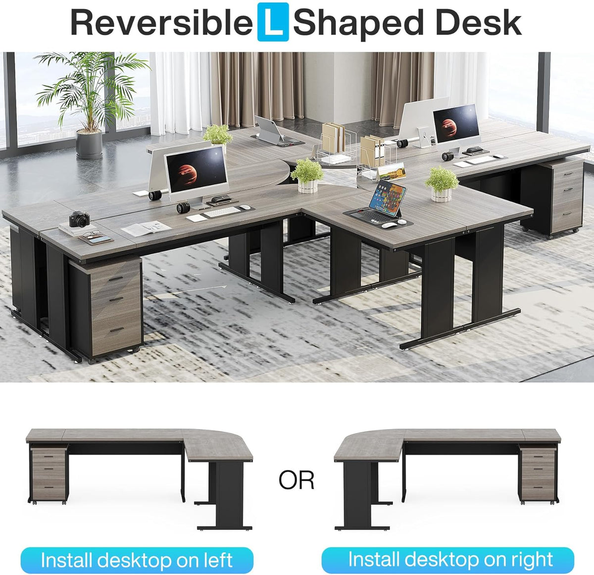 83" L-Shaped Desk, Industrial Corner Executive Desk with Mobile File Cabinet
