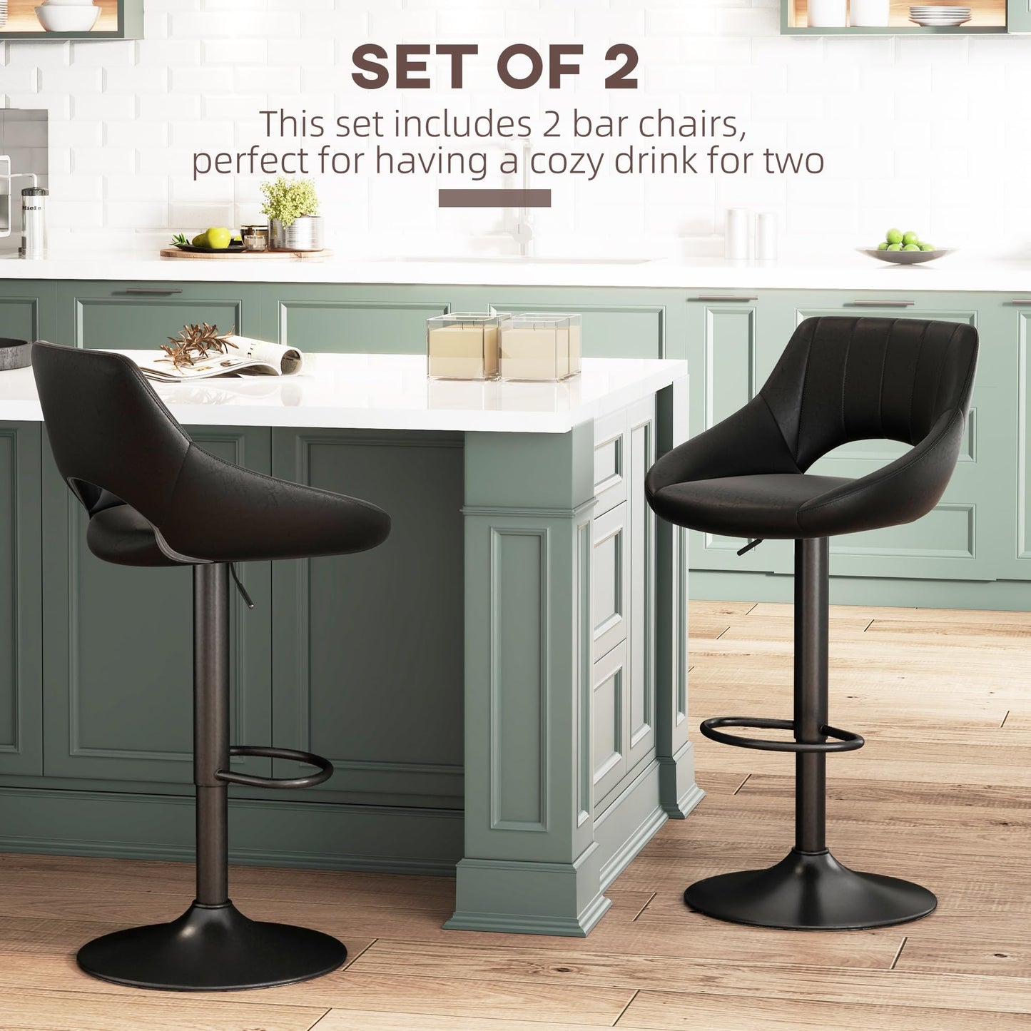 Bar Stools Set of 2, Swivel Counter Height Barstools with Adjustable Height, Faux Leather Upholstered Bar Chairs with Round Metal Base and Footrest, Grey