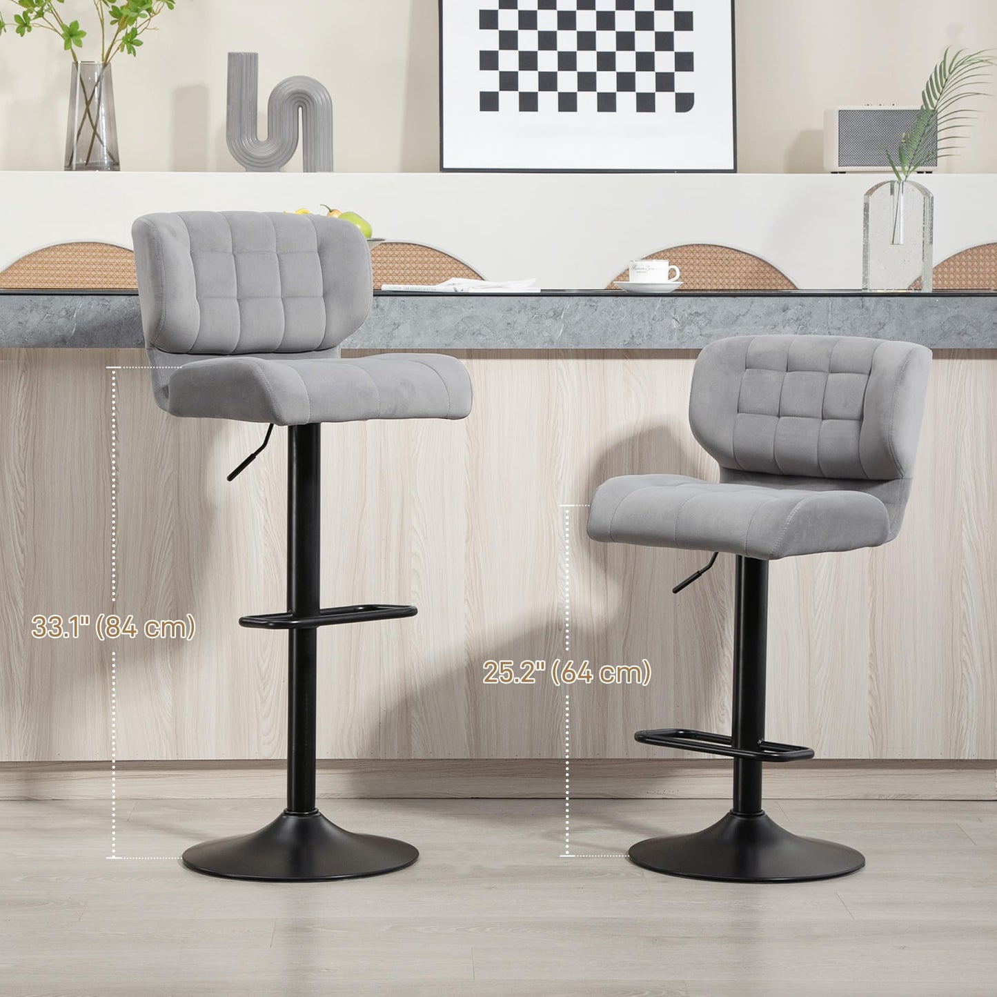 Adjustable Bar Stools Set of 2, Swivel Tufted Velvet Fabric Barstools with Footrest and Back, Bar Chairs for Kitchen Counter and Dining Room, Grey