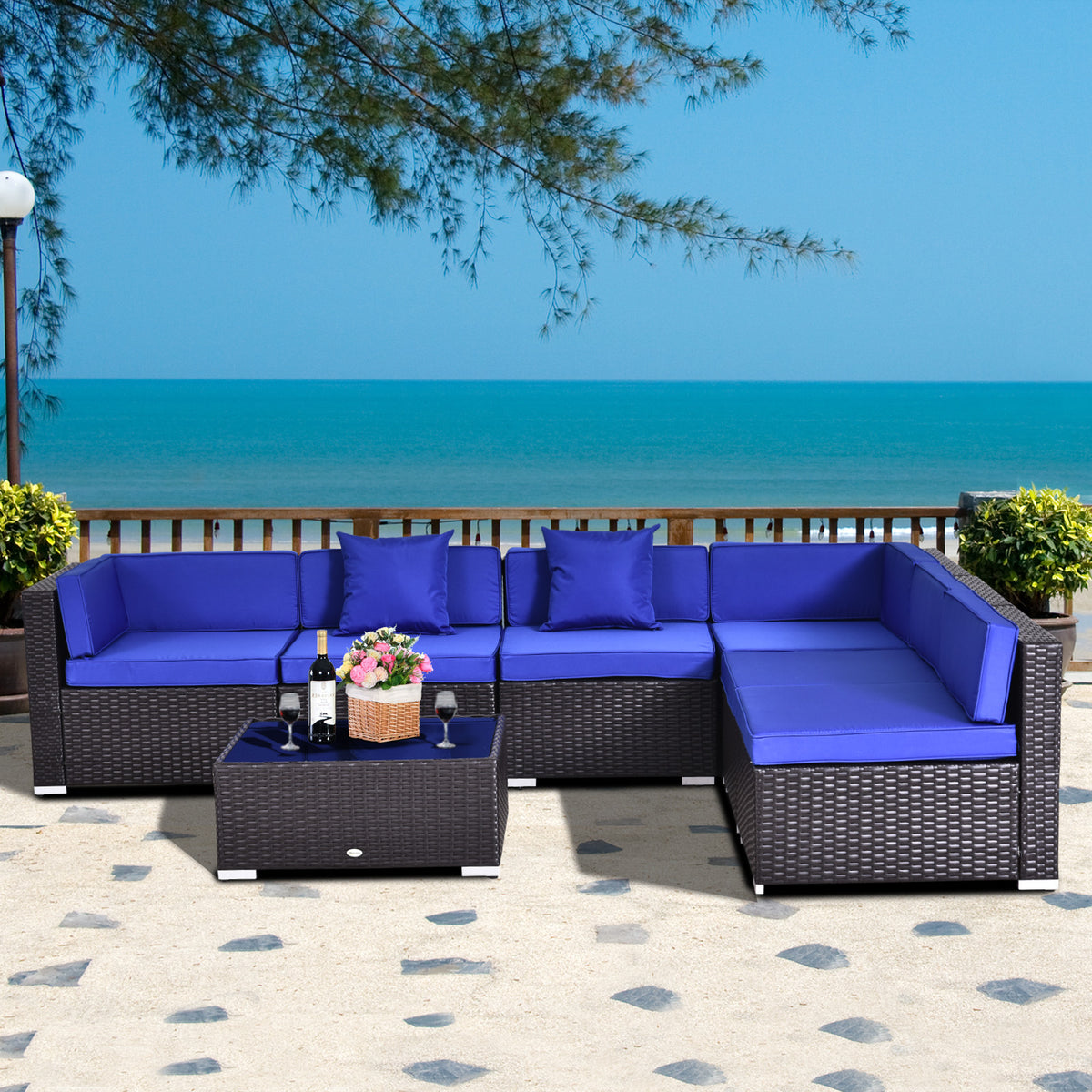 7 Pieces Outdoor Rattan Furniture Set, Patio Wicker Sectional Conversation Sofa Set – Blue