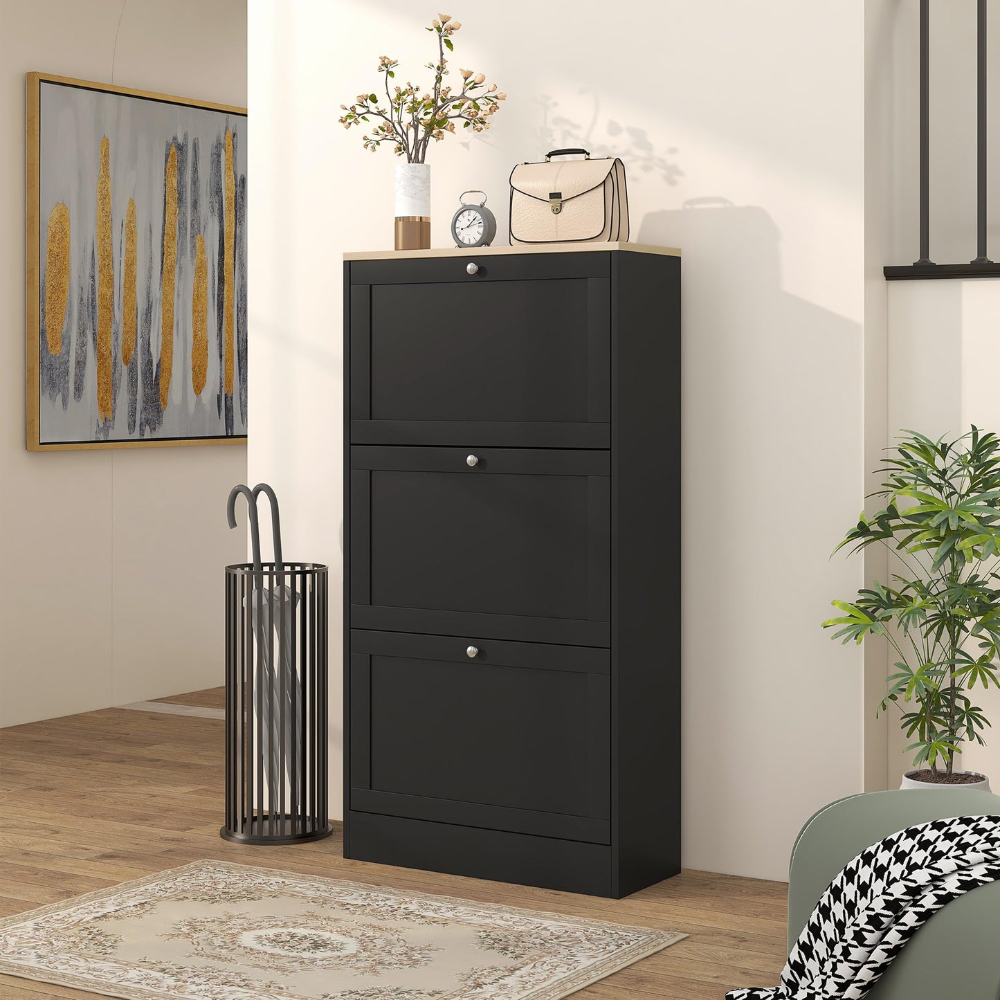 Narrow Shoe Cabinet with 3 Flip Drawers and Adjustable Shelves, Entryway Shoe Storage Unit for 18 Pairs of Shoes, Grey