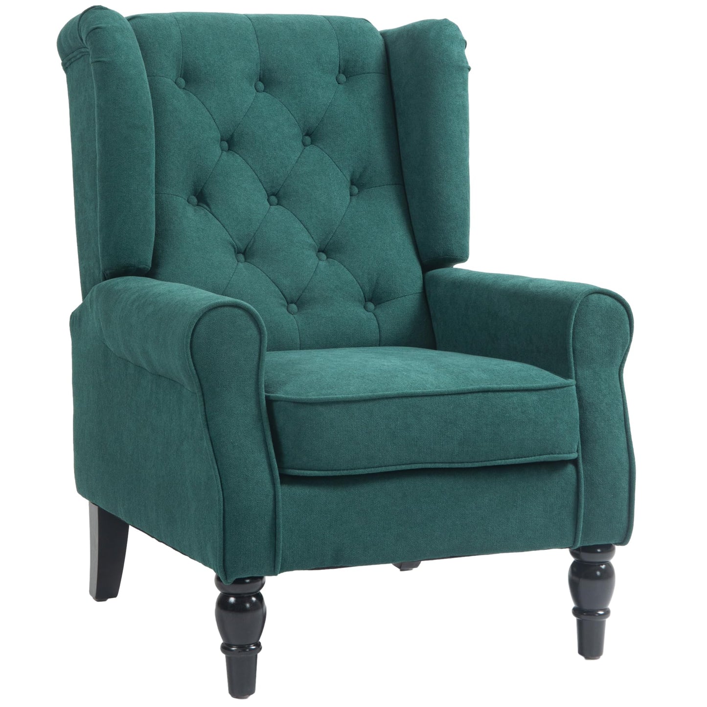 Fabric Accent Chair, Button Tufted Armchair, Upholstered Modern Living Room Chair, Wingback Chair with Wood Legs, Rolled Arms, Thick Padding for Bedroom, Blue