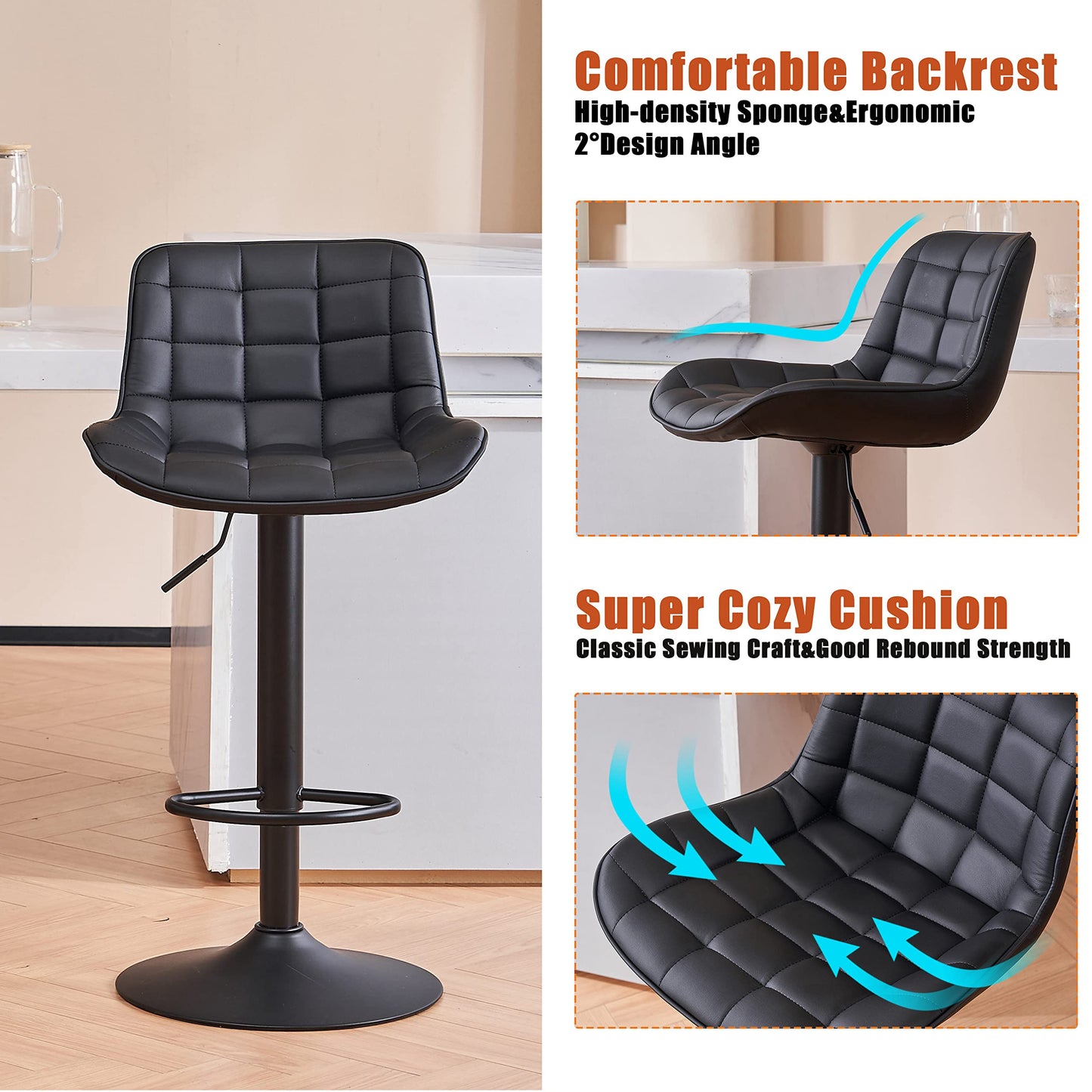 Grey Bar Stools Set of 2 Counter Height Bar Stool Faux Leather Upholstered Metal Barstools Modern Adjustable Swivel High Back Bar Chairs Home Kitchen Dining Island