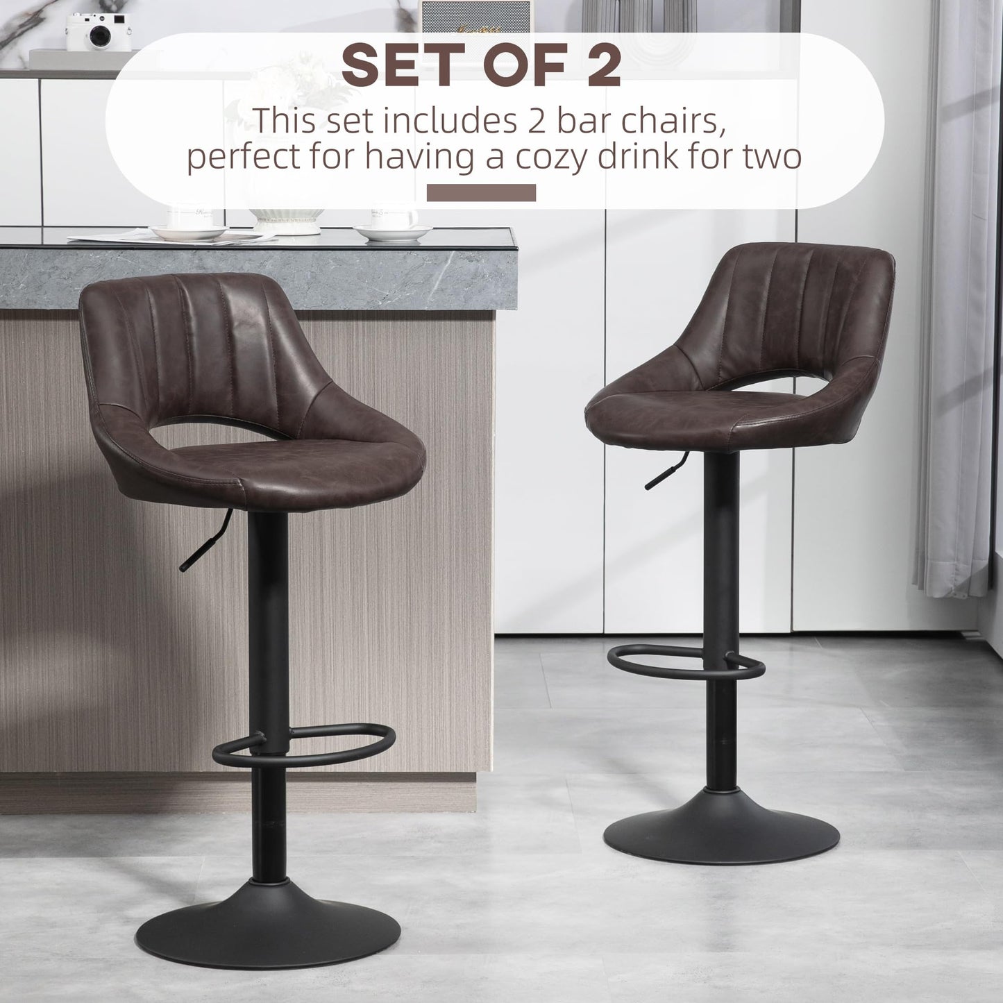 Bar Stools Set of 2, Swivel Counter Height Barstools with Adjustable Height, Faux Leather Upholstered Bar Chairs with Round Metal Base and Footrest, Grey