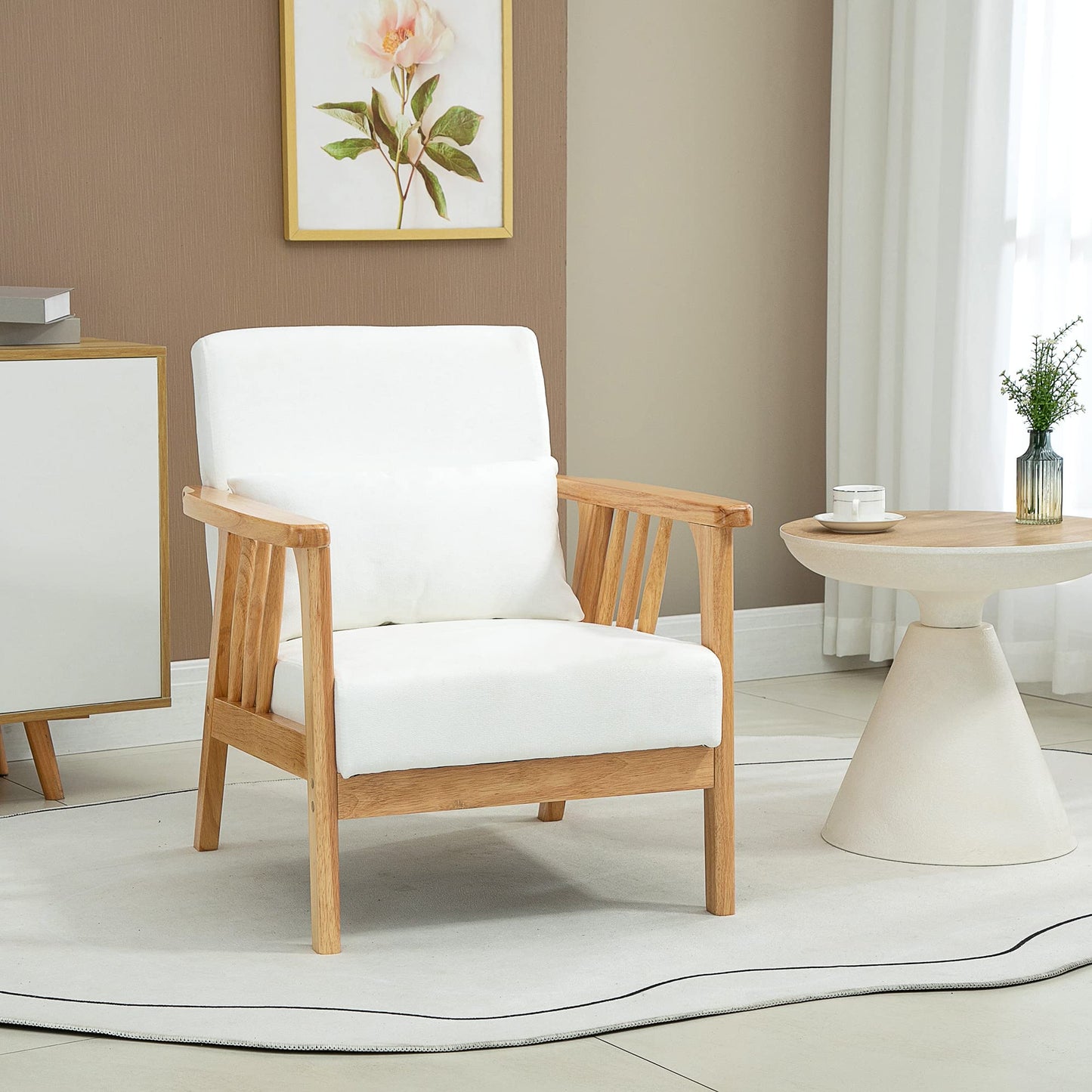 Accent Chairs with Cushioned Seat and Back, Upholstered Arm Chair for Bedroom, Living Room Chair with Throw Pillow and Wood Legs, Cream White