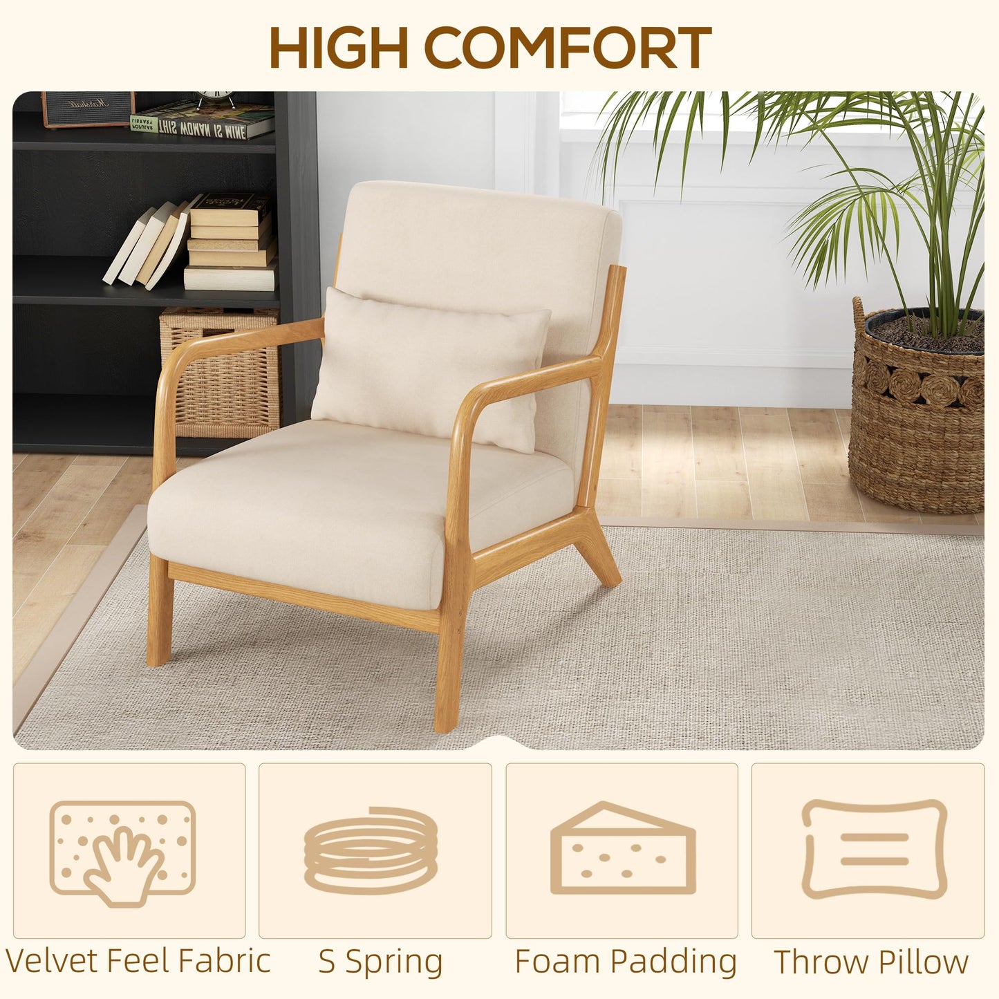 Modern Armchair with Wood Legs and Pillow, Upholstered Accent Chair for Living Room and Bedroom - Beige