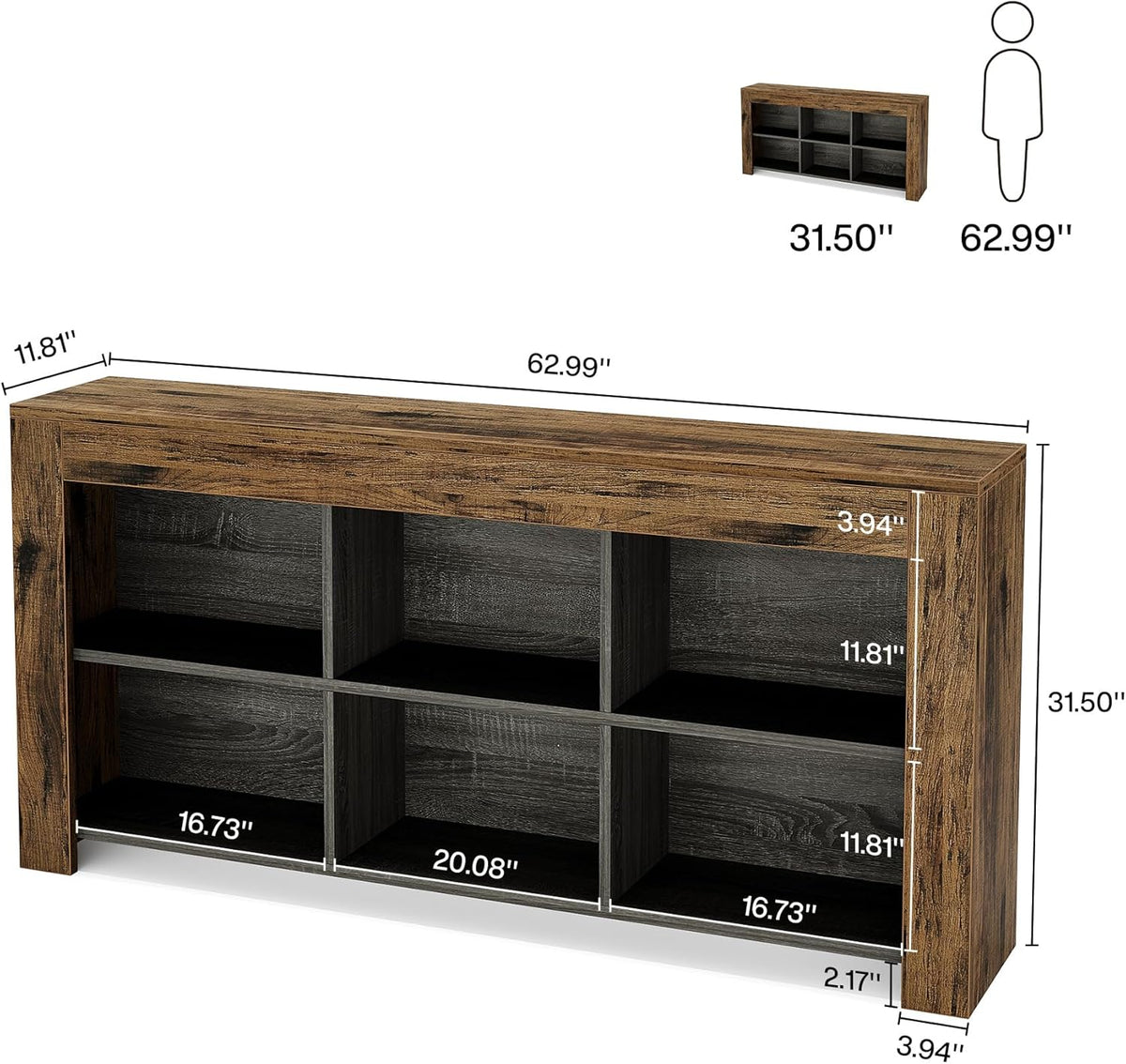 63" Console Table, Narrow Sofa Table Entryway Table with 6 Storage Cubes