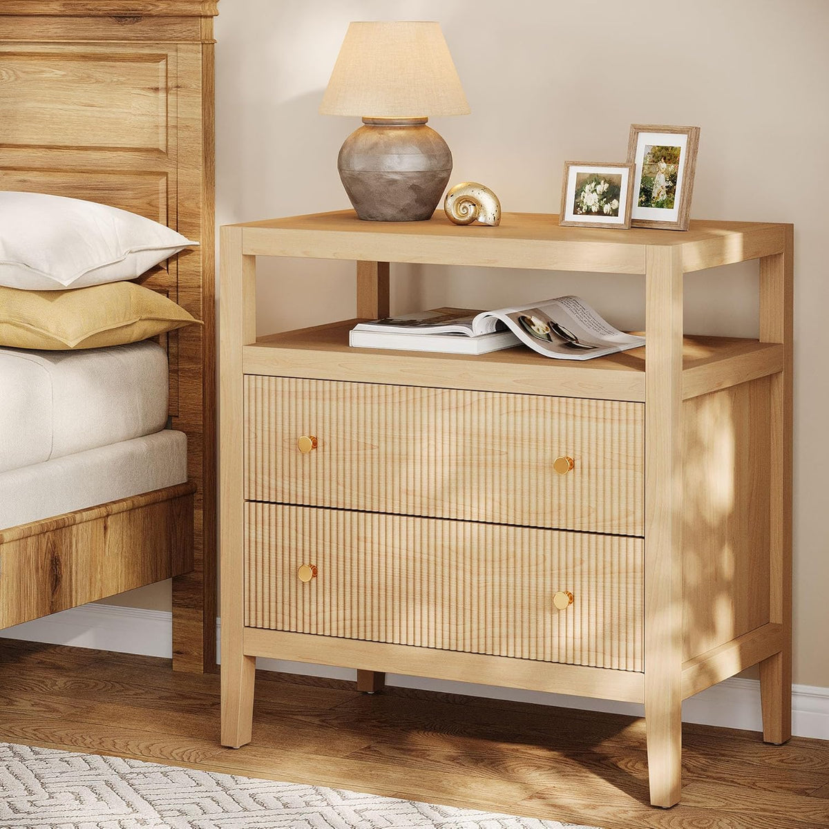 29.5" Farmhouse Nightstand, 2-Drawer Wide Bedside Table with Open Storage Shelf
