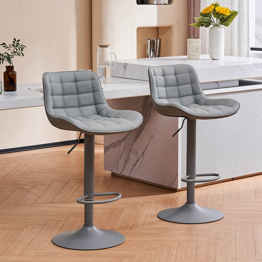 Grey Bar Stools Set of 2 Counter Height Bar Stool Faux Leather Upholstered Metal Barstools Modern Adjustable Swivel High Back Bar Chairs Home Kitchen Dining Island