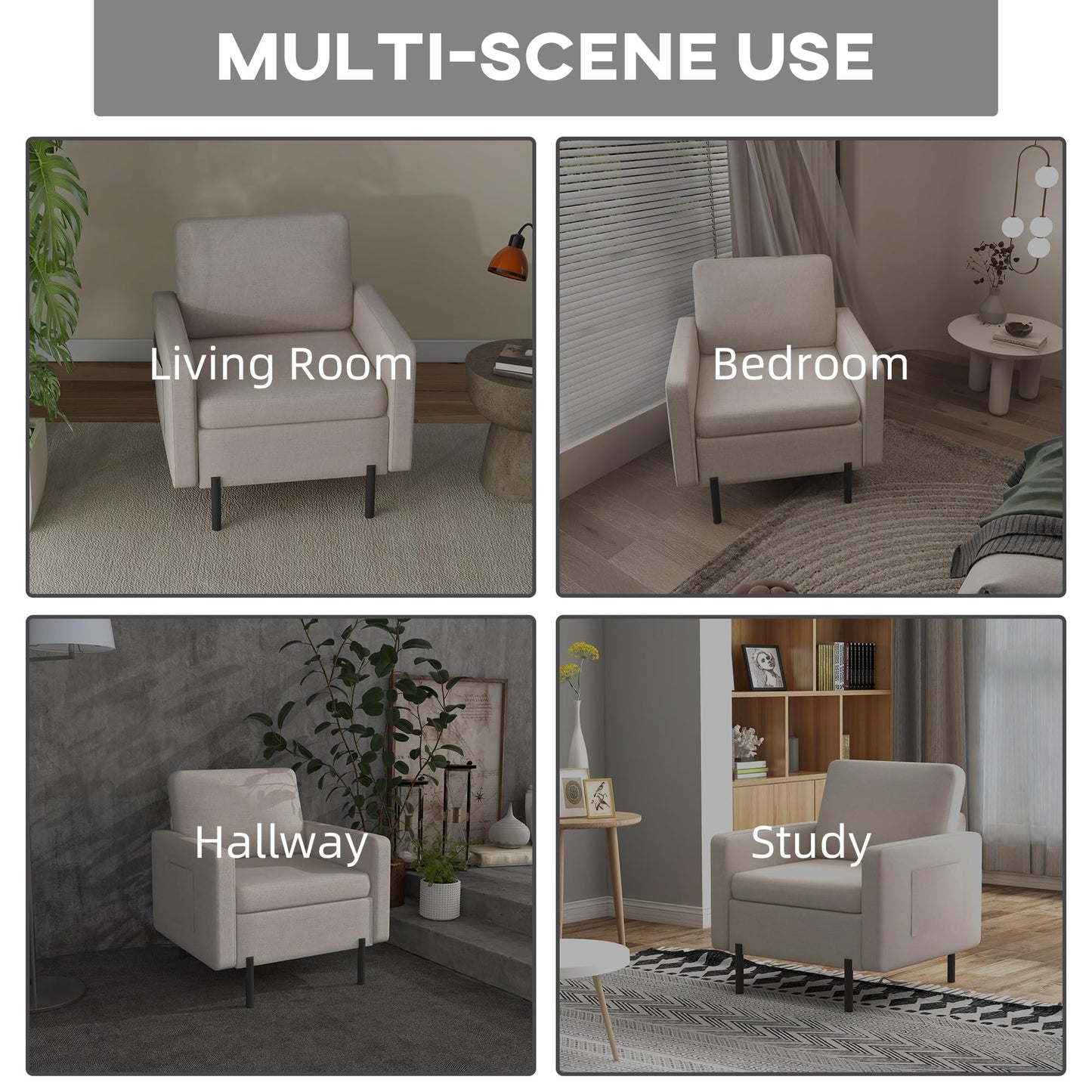 Fabric Accent Chair, Armchair, Modern Living Room Chair with Metal Legs, 2 Side Pockets, Thick Padding for Bedroom, Cream White