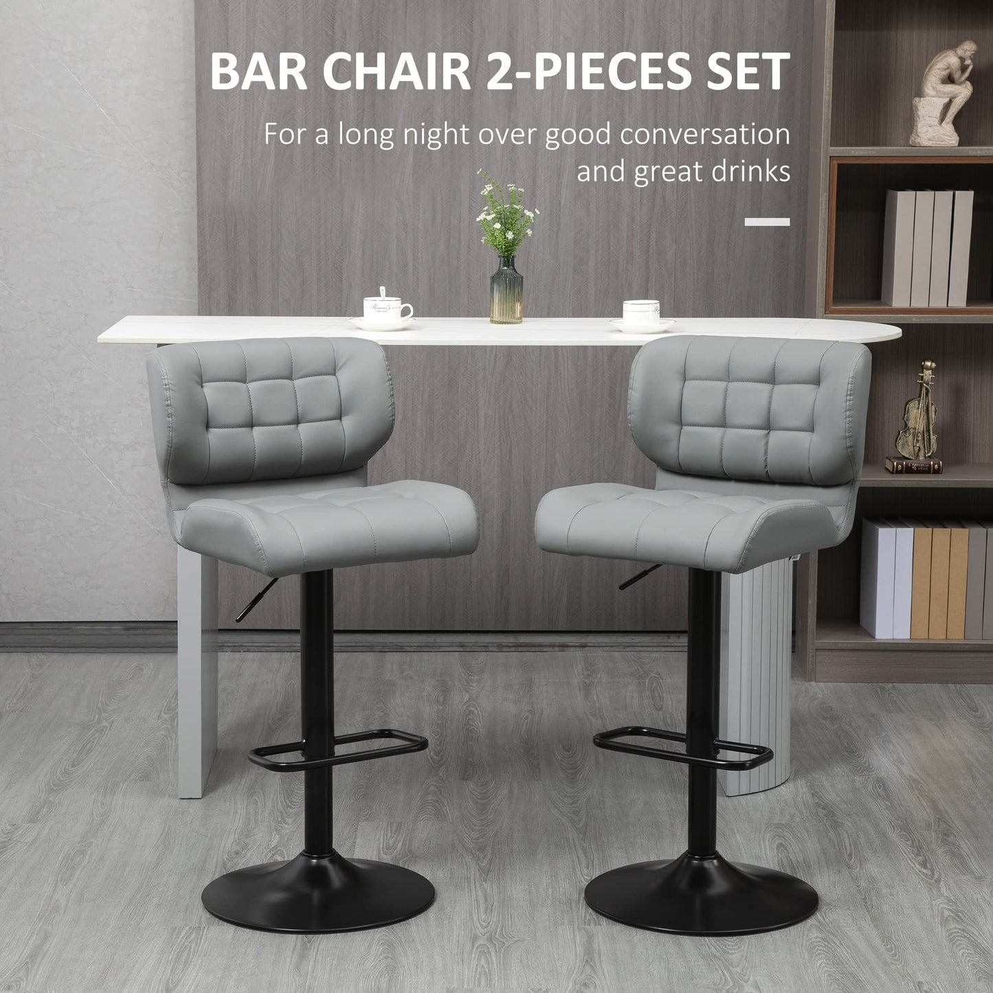 Adjustable Bar Stools Set of 2, Swivel Tufted Velvet Fabric Barstools with Footrest and Back, Bar Chairs for Kitchen Counter and Dining Room, Grey