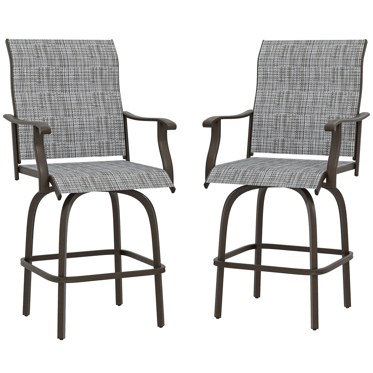 Outdoor Bar Stools Set of 2, Swivel Bar Height Chairs with High Back, Curved Armrests and Steel Frame