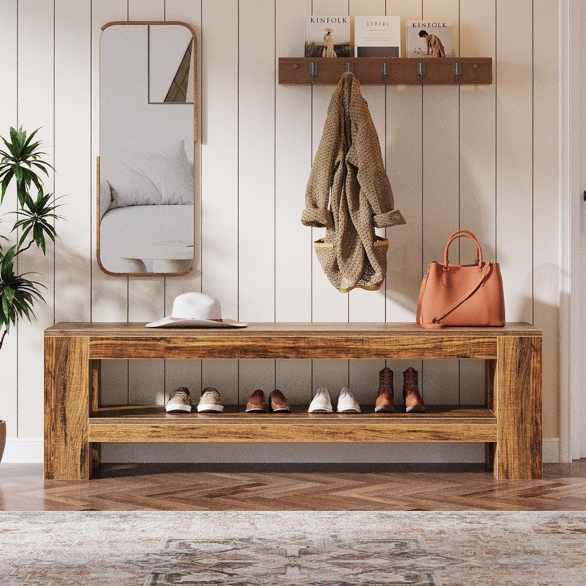 59" Entryway Bench, Farmhouse Indoor Console Shoe Bench End of Bed Table