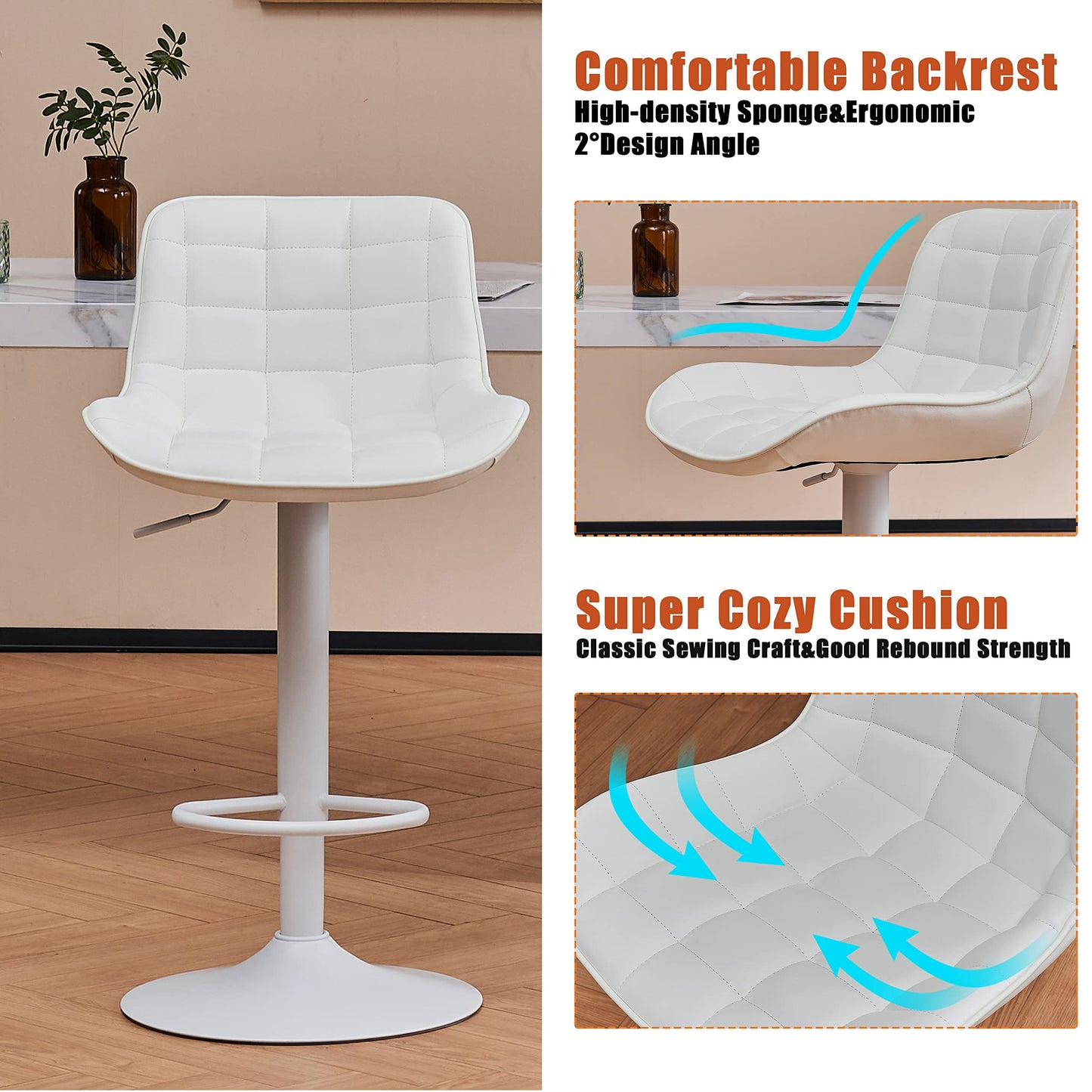 Grey Bar Stools Set of 2 Counter Height Bar Stool Faux Leather Upholstered Metal Barstools Modern Adjustable Swivel High Back Bar Chairs Home Kitchen Dining Island