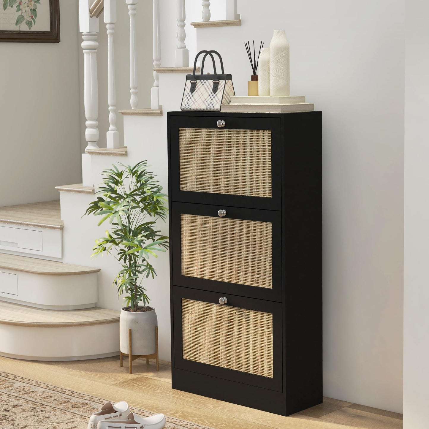 Rattan Shoe Cabinet with 3 Flip Drawers and Adjustable Shelves, Narrow Shoe Storage Cabinet for Entryway, Hallway, Holds 18 Pairs of Shoes, Black