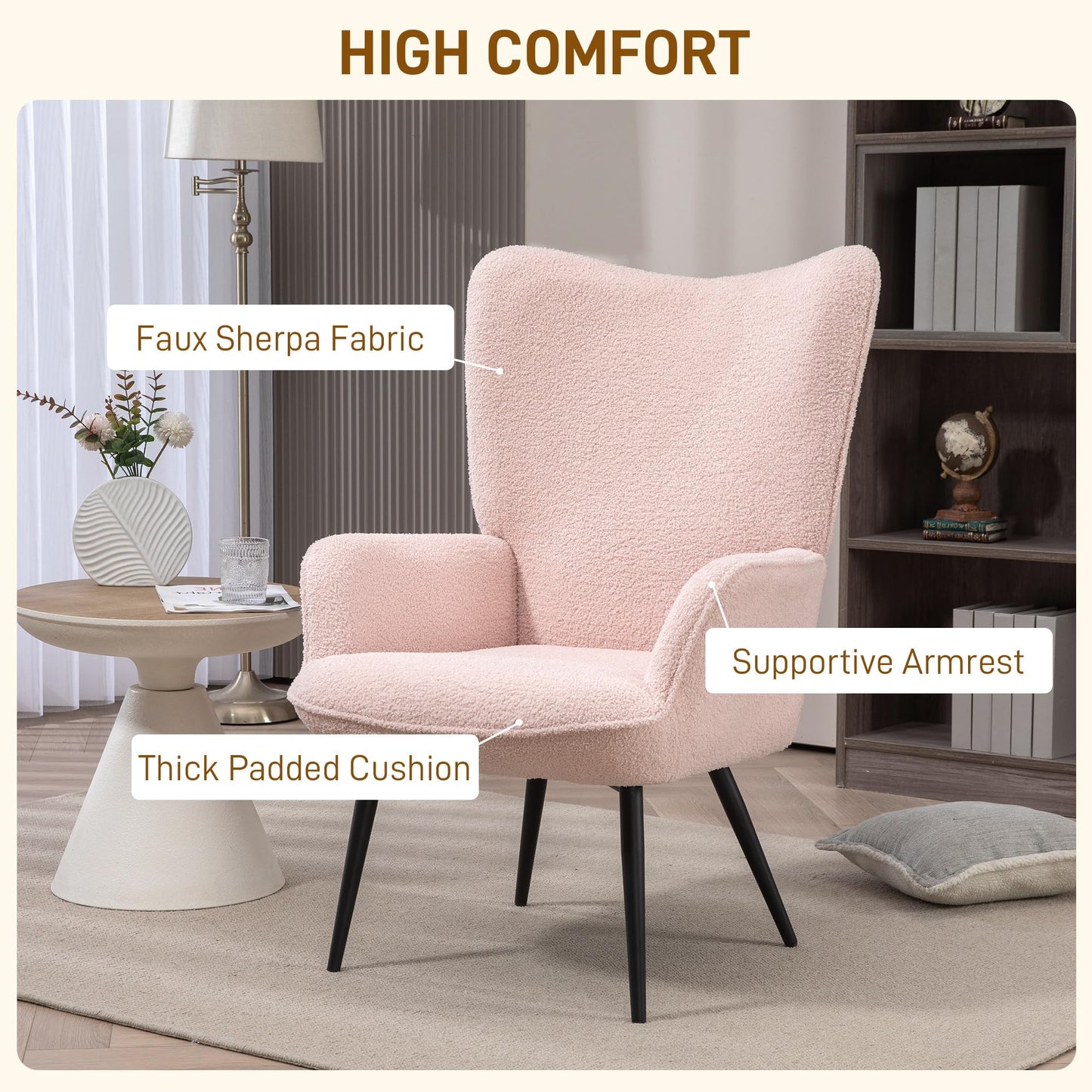 Modern Sherpa Boucle Accent Chair, Upholstered Wingback Armchair, Fluffy Vanity Chair for Living Room, Bedroom, Reading Room, Pink