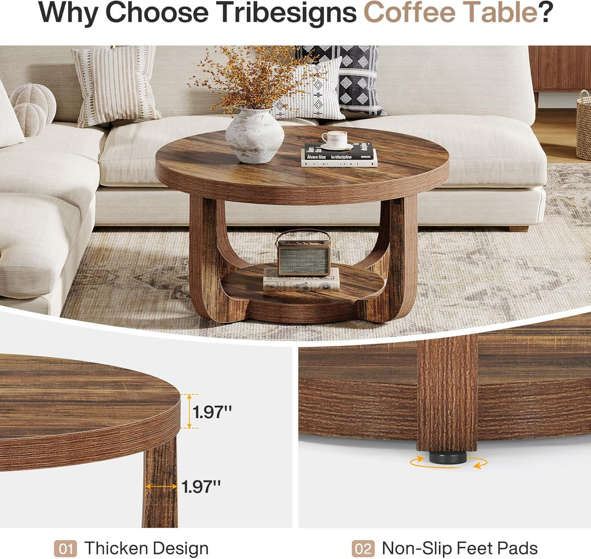 31.5" Round Coffee Table, Modern 2-Tier Circle Center Table with Storage