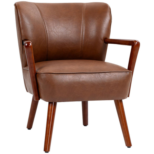 Modern Accent Chair, Upholstered Armchair, Faux Leather Living Room Chair with Wood Legs and Wide Padded Seat, Brown