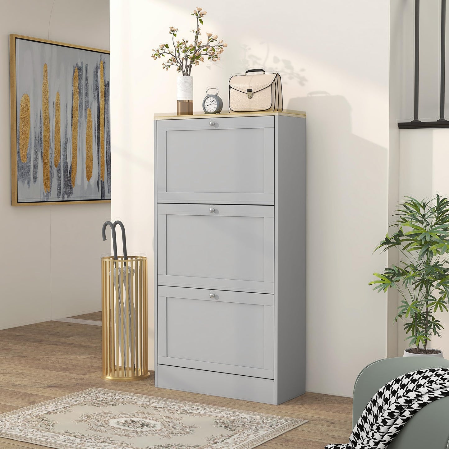 Narrow Shoe Cabinet with 3 Flip Drawers and Adjustable Shelves, Entryway Shoe Storage Unit for 18 Pairs of Shoes, Grey