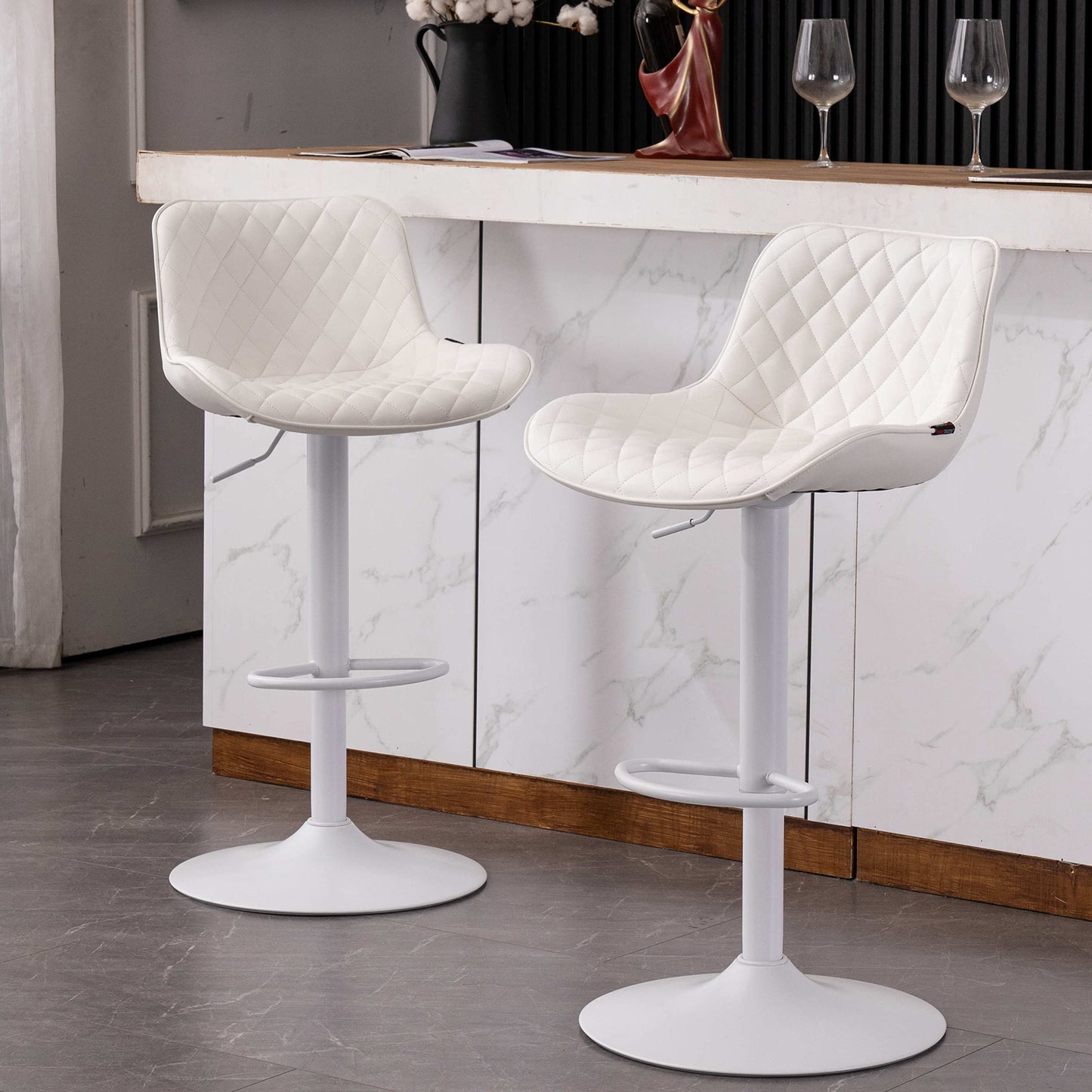 Grey Bar Stools Set of 2 Counter Height Bar Stool Faux Leather Upholstered Metal Barstools Modern Adjustable Swivel High Back Bar Chairs Home Kitchen Dining Island