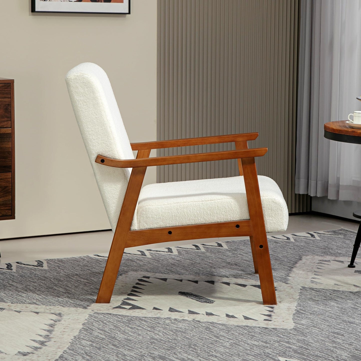 Boucle Armchair, Modern Living Room Chair with Solid Wood Frame and Thick Padding for Bedroom, White