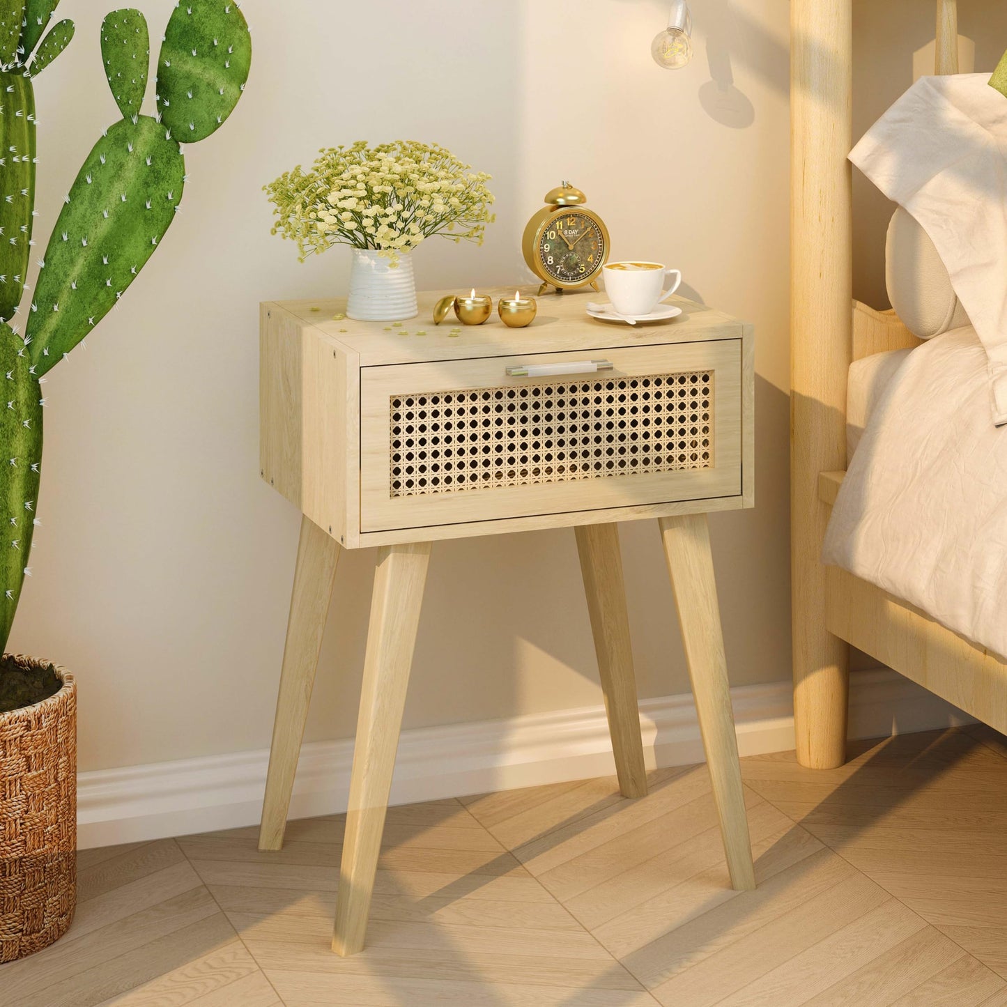 Rattan Nightstand,End Table with Rattan Door, Boho Bedside Table,Rattan Nightstand for Living Room,Bedroom,Dorm and Small Spaces,Natural CAACTG11Y