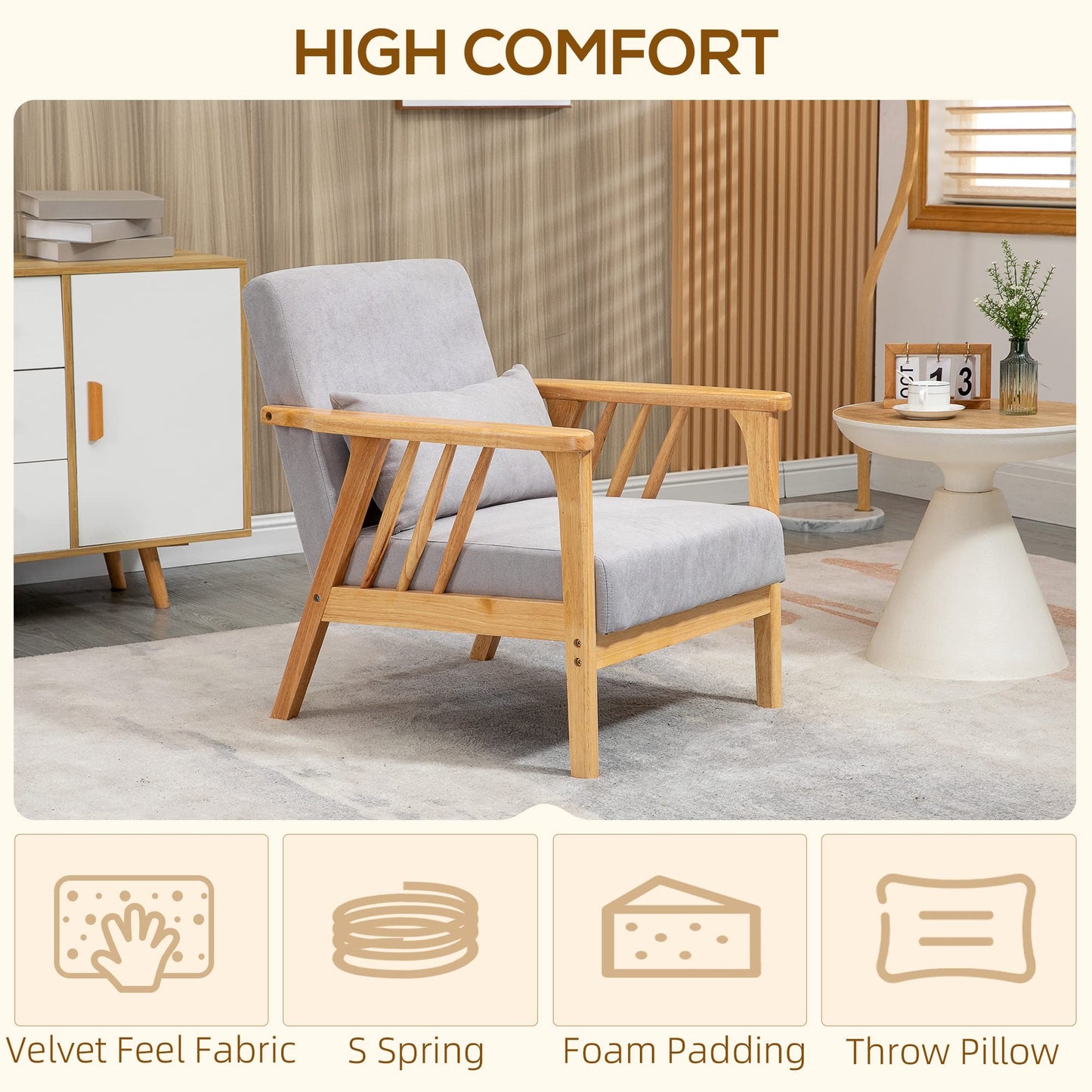 Accent Chairs with Cushioned Seat and Back, Upholstered Arm Chair for Bedroom, Living Room Chair with Throw Pillow and Wood Legs, Cream White