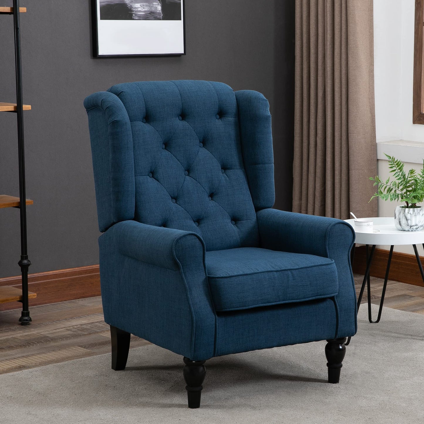 Fabric Accent Chair, Button Tufted Armchair, Upholstered Modern Living Room Chair, Wingback Chair with Wood Legs, Rolled Arms, Thick Padding for Bedroom, Blue