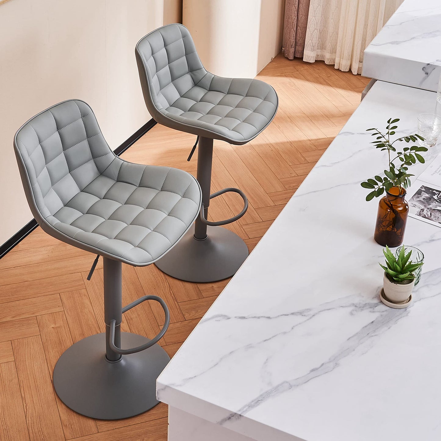 Grey Bar Stools Set of 2 Counter Height Bar Stool Faux Leather Upholstered Metal Barstools Modern Adjustable Swivel High Back Bar Chairs Home Kitchen Dining Island