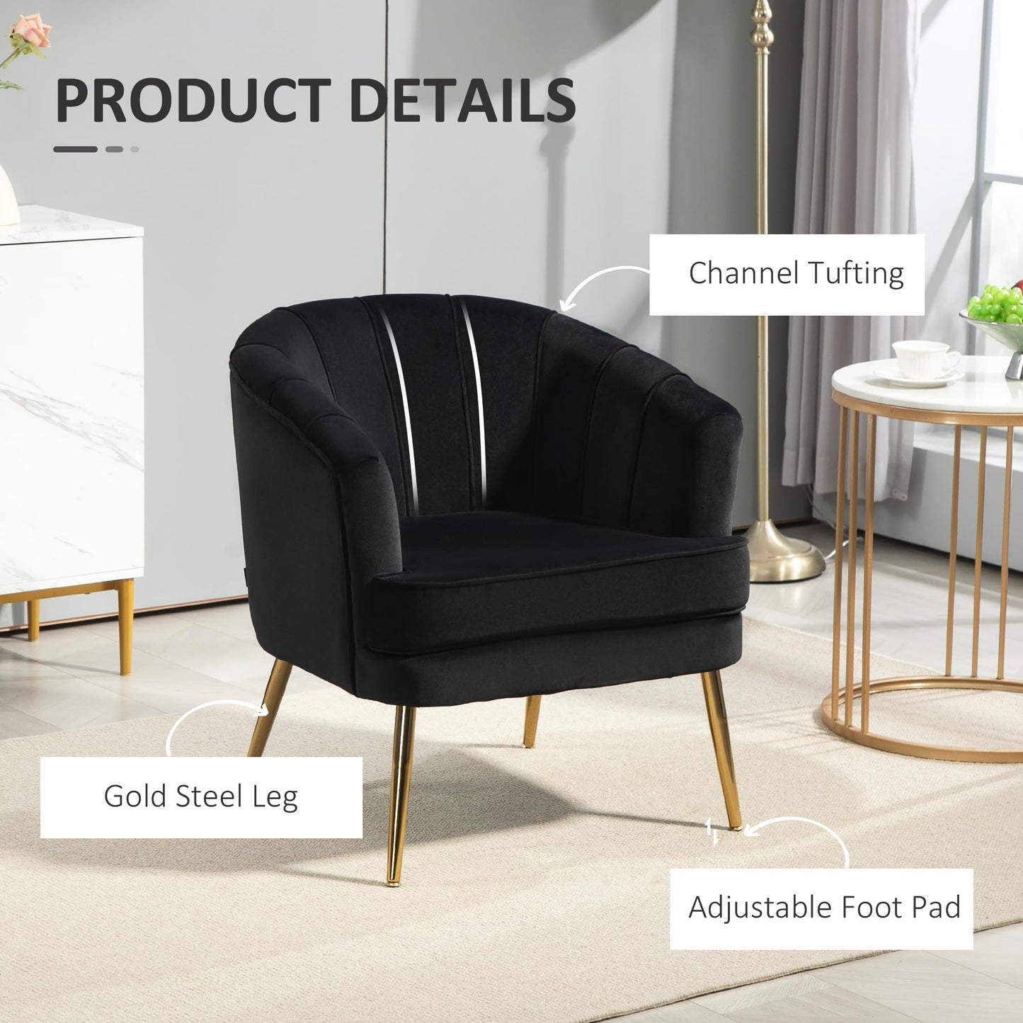 Fabric Accent Chair, Velvet Armchair, Modern Living Room Chair with Gold Metal Legs and Thick Padding for Bedroom, Grey